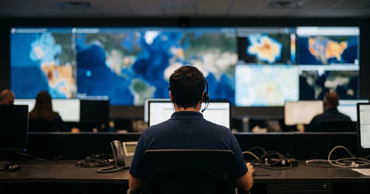 An emergency operations centre at night, a wall of out-of-focus screens glowing blue and amber with abstract map shapes, an operator wearing a headset seen from