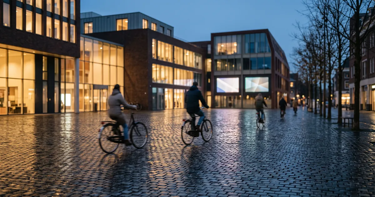 A contemporary Dutch city square at blue hour, modern architecture with warm lit windows, cyclists passing as soft motion blur, wet cobblestones reflecting the