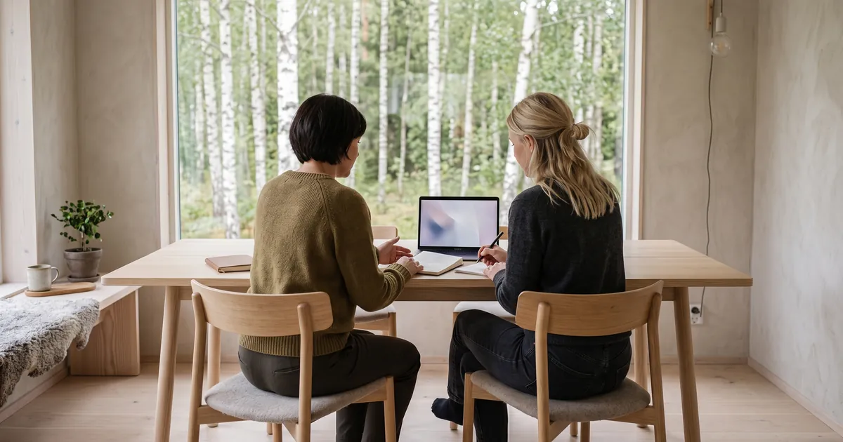 A bright Scandinavian coaching room in a Stockholm suburb, a career coach and a job seeker seen from behind sitting side by side at a light birch table with a l