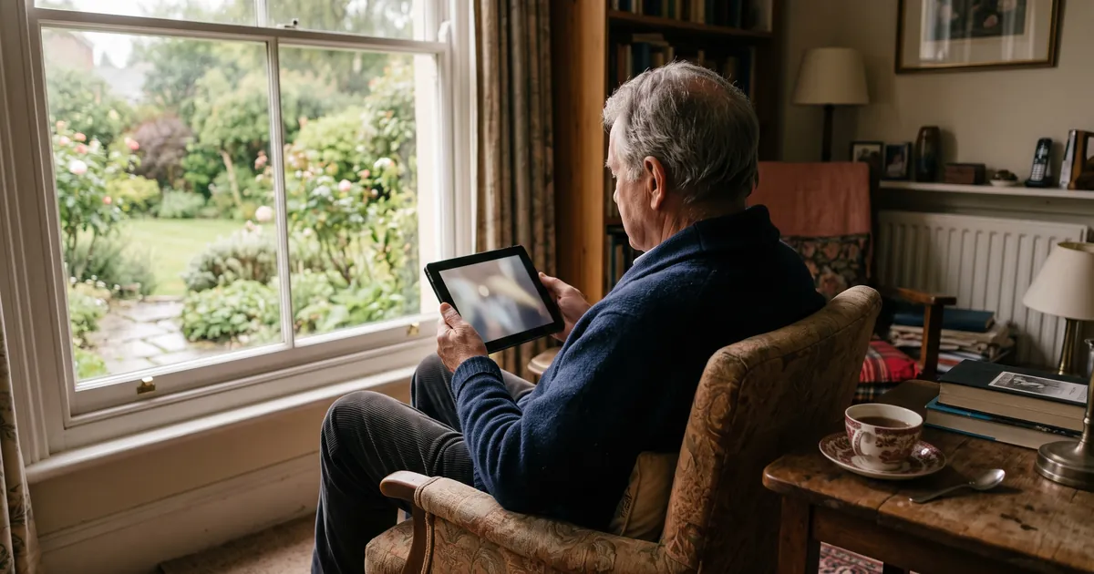 A calm British home interior, an older man seen from behind reading on a tablet by a window with a cup of tea, soft morning light on the garden outside