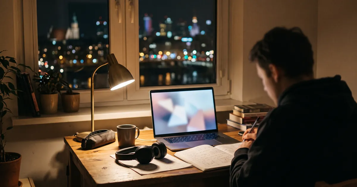 A student's desk at night in a Warsaw apartment, a laptop showing an abstract online lecture, headphones and notes, city lights blurred through the window
