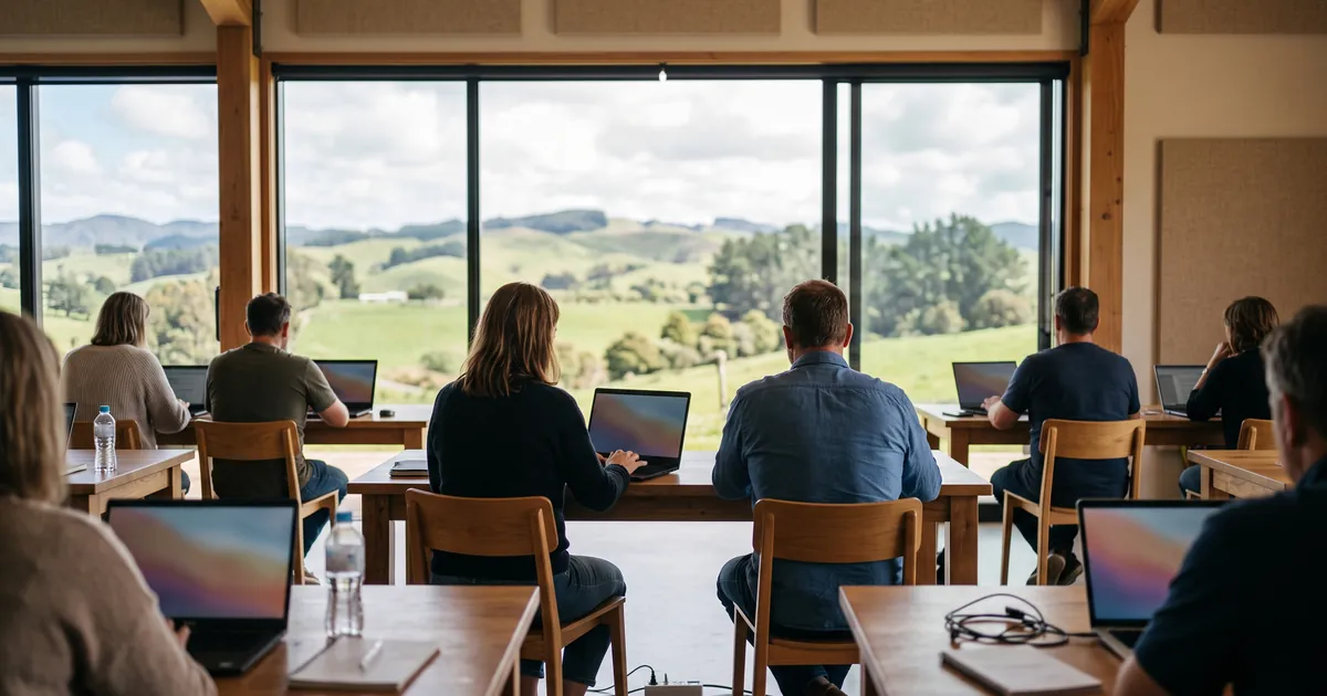 A modern training room in New Zealand with large windows onto green rolling hills, adult learners at laptops seen from behind, bright daylight