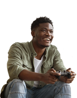 A man playing video games with a console controller.