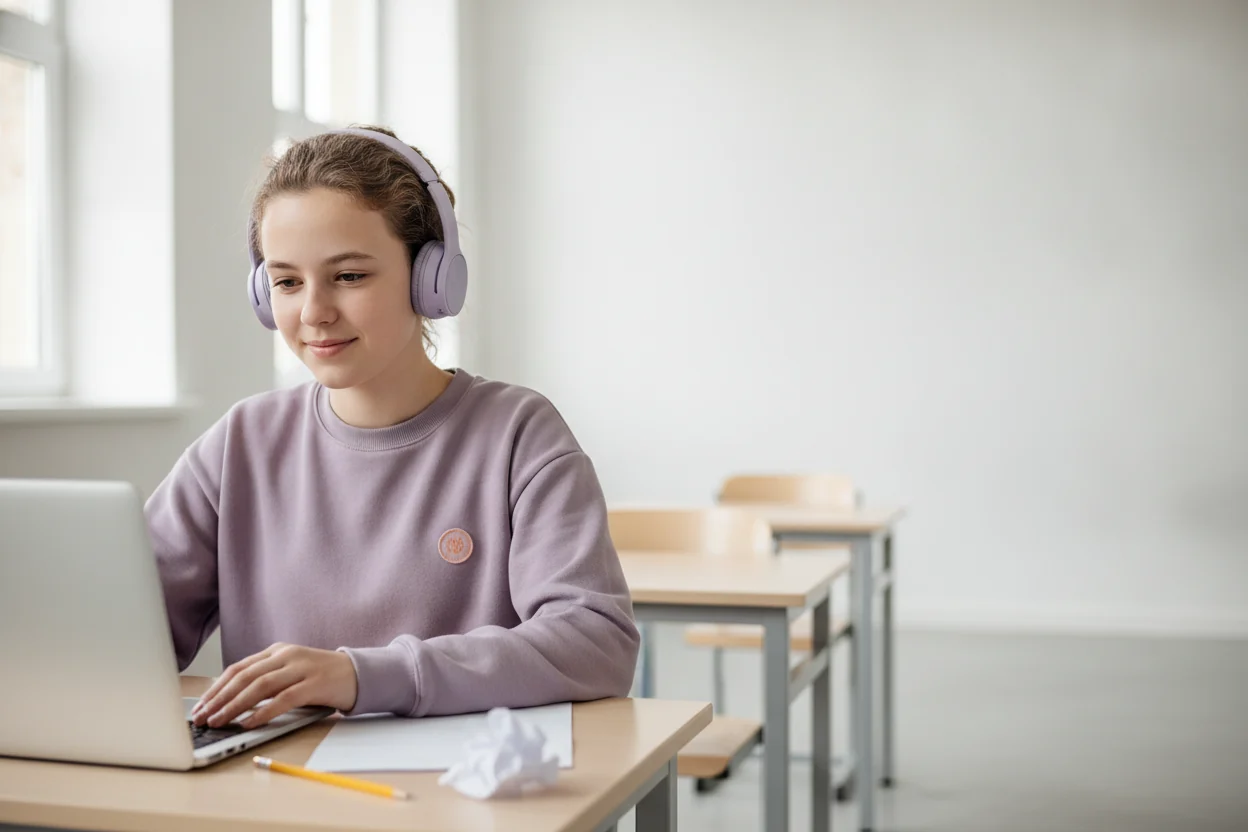 A student wearing headphones smiles as she works on a laptop at her desk in a bright classroom.