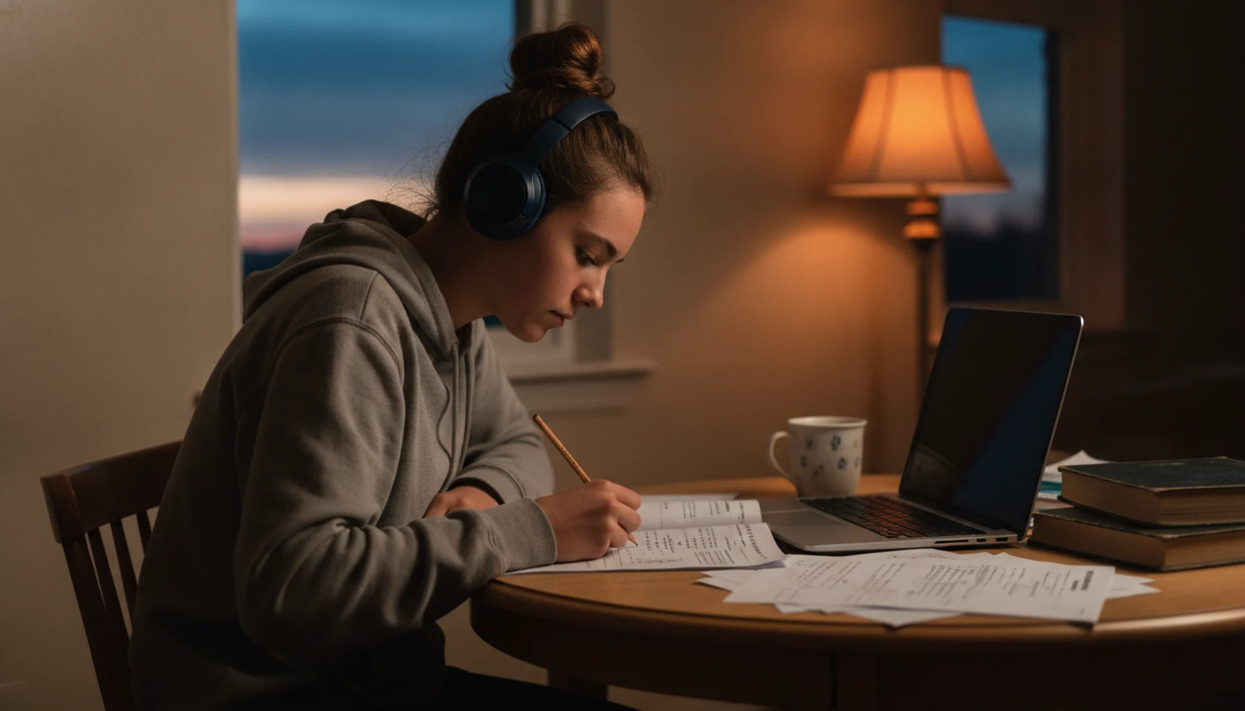 A student doing homework at a kitchen table in the evening, wearing headphones, a laptop open beside her worksheets.