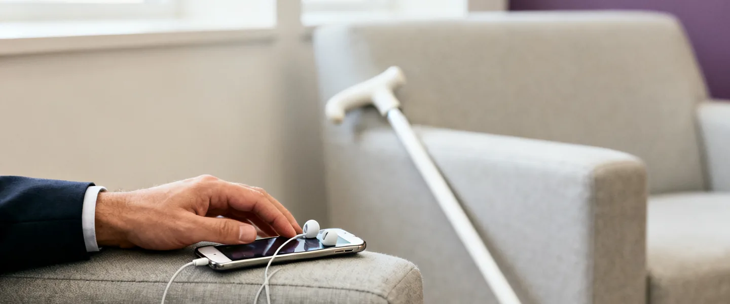 A hand on a smartphone with earphones, a white cane resting against an armchair