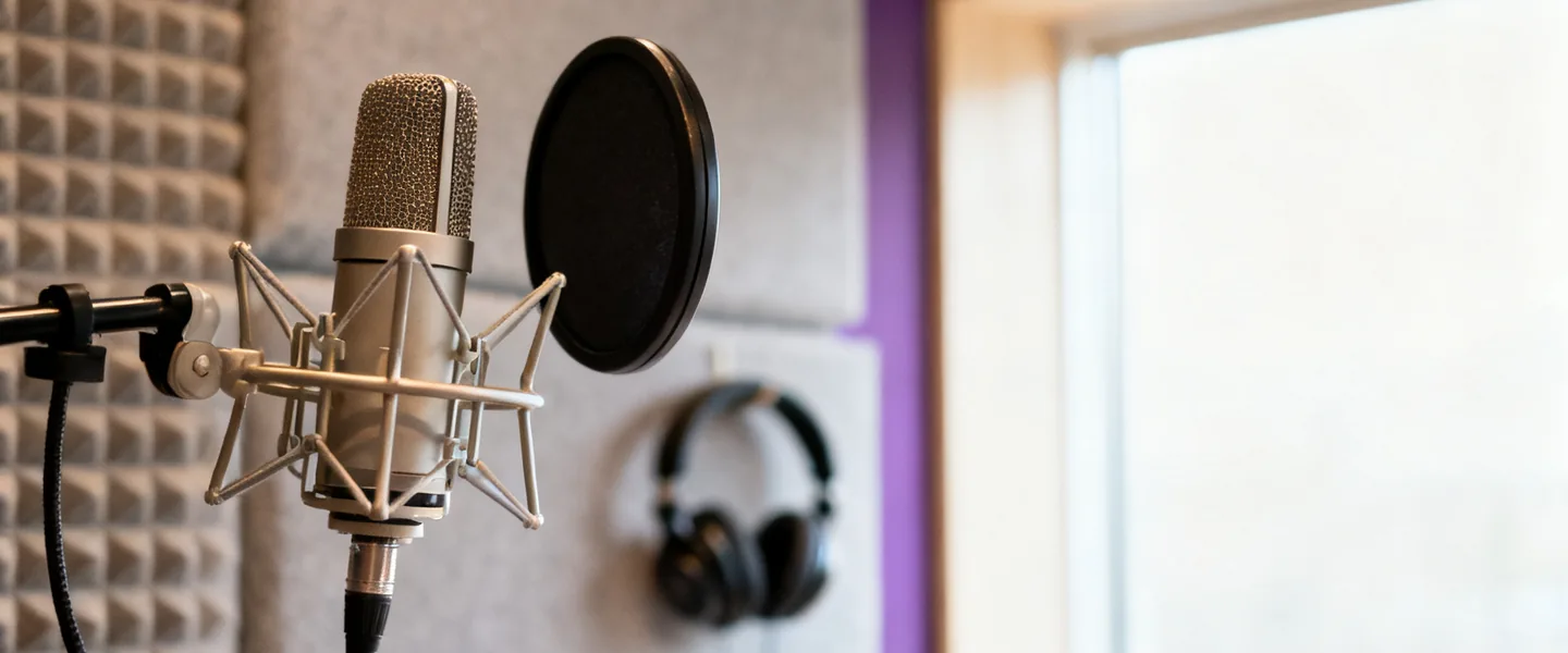 A studio condenser microphone and pop filter in a recording booth