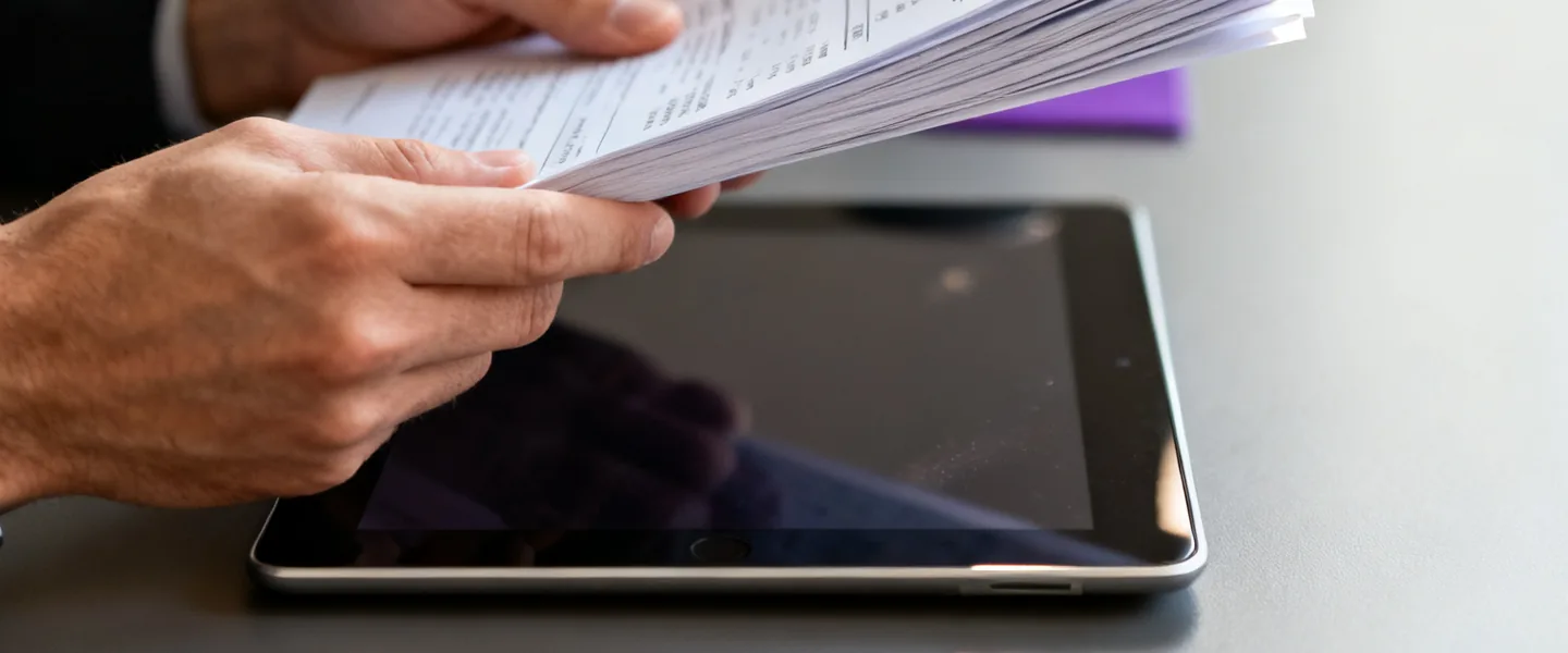 Hands leafing through a stack of printed statements above a tablet