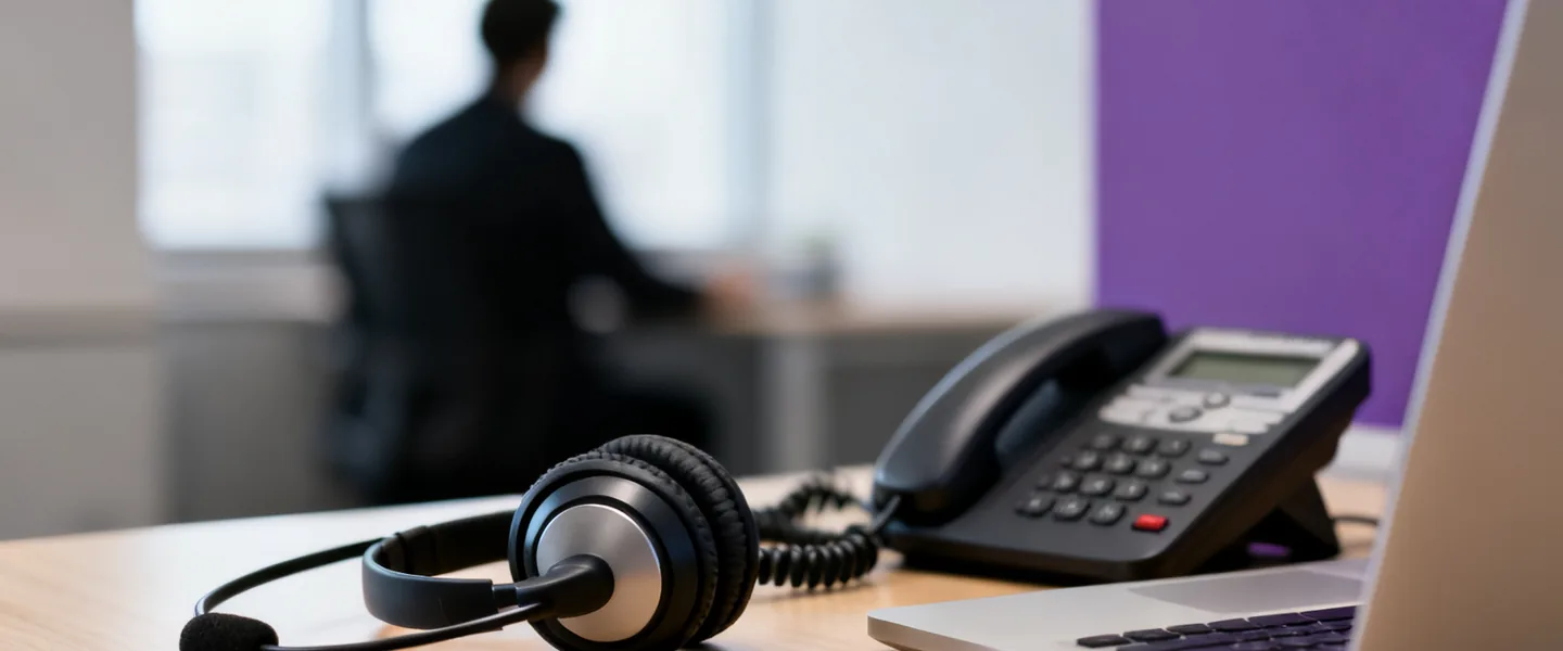 A headset and a desk phone beside a laptop in a contact centre