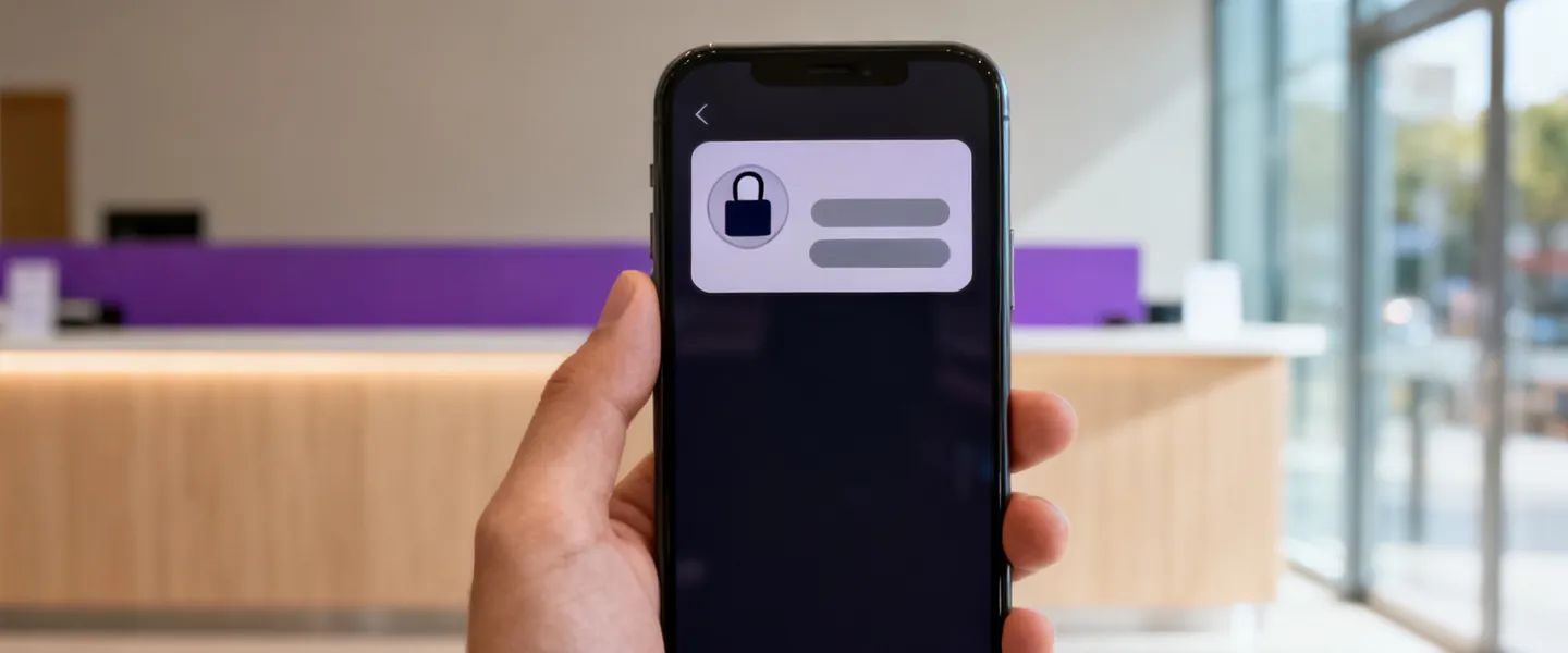 A hand holding a phone showing a security alert banner marked with a padlock, in a bank branch lobby