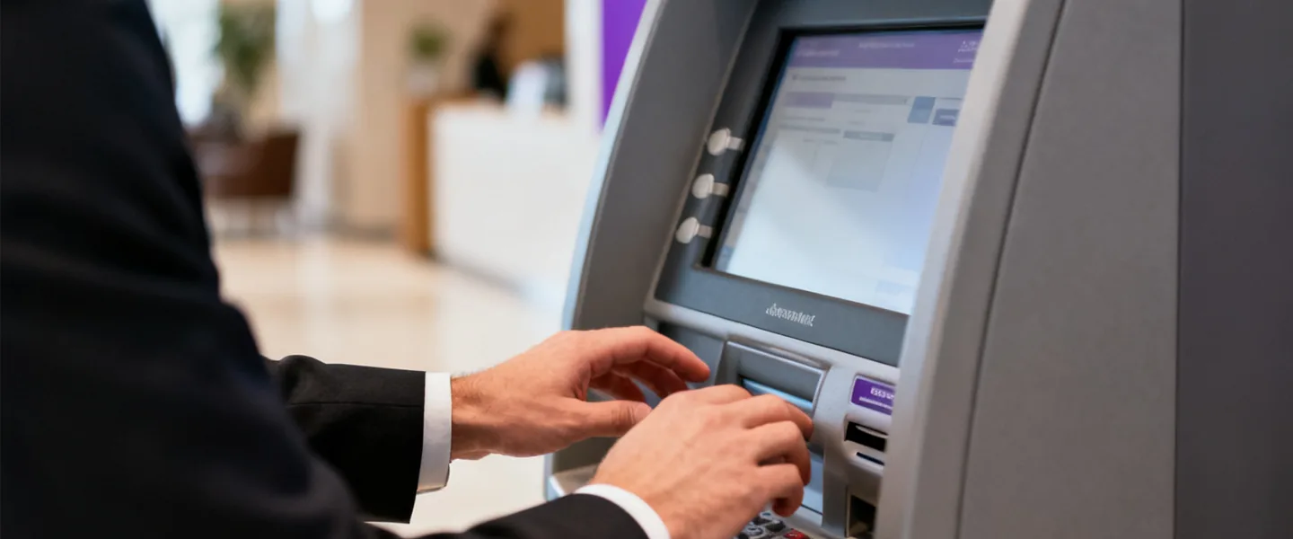 Hands operating the touchscreen of an ATM in a bank branch lobby