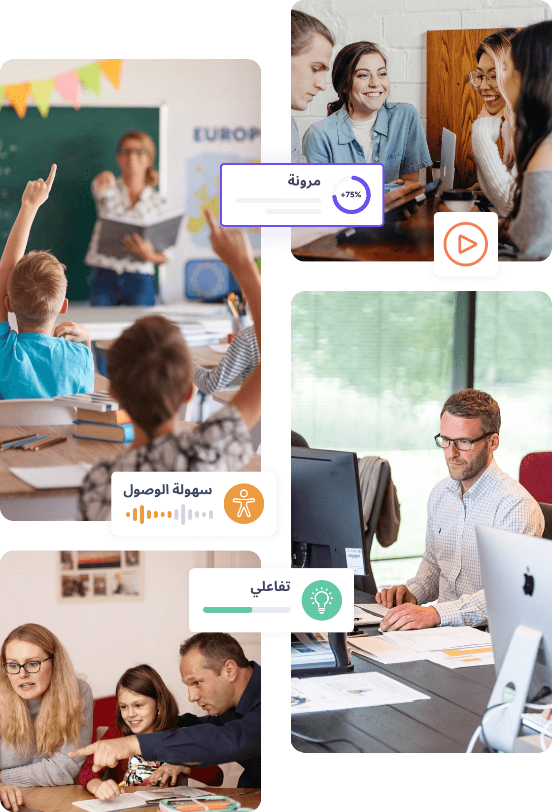 فصول دراسية تفاعلية مع طلاب ومعلمين، تظهر التعلم والتعاون في بيئة تعليمية.