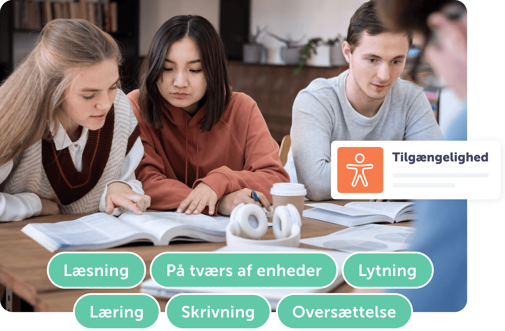 Studerende samarbejder om bøger med fokus på læring og tilgængelighed i studiemiljø.