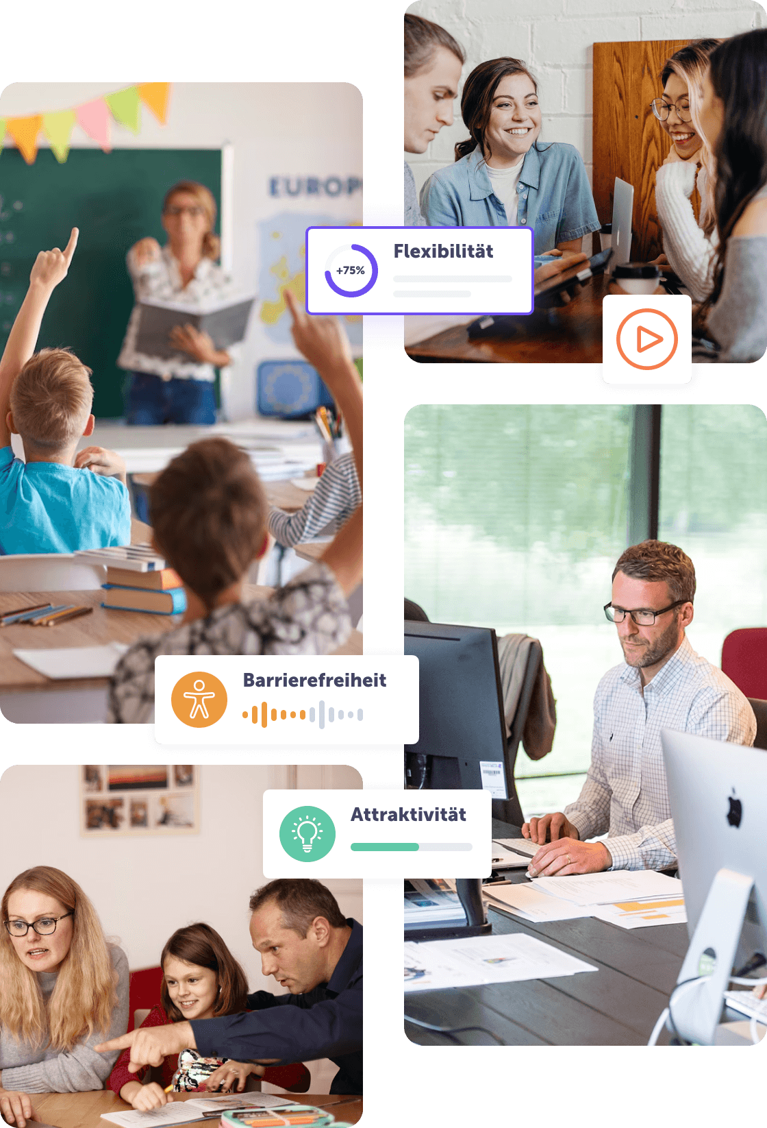 Kollage aus Lernumgebungen mit Fokus auf Flexibilität, Barrierefreiheit und Attraktivität.