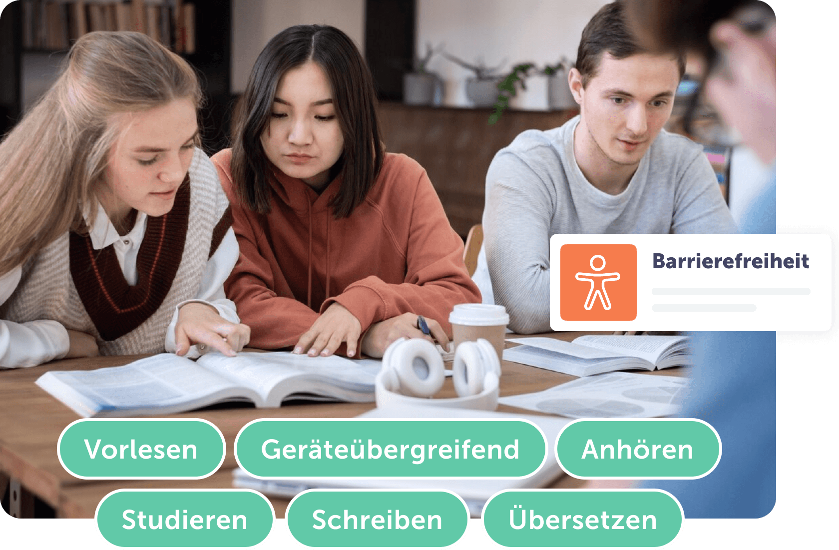 Studierende arbeiten zusammen an Lehrmaterialien mit Schaltflächen für Barrierefreiheit.