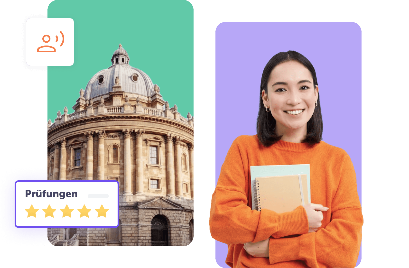 Student lächelt mit Notizbuch vor einem historischen Gebäude und Bewertungssystem.