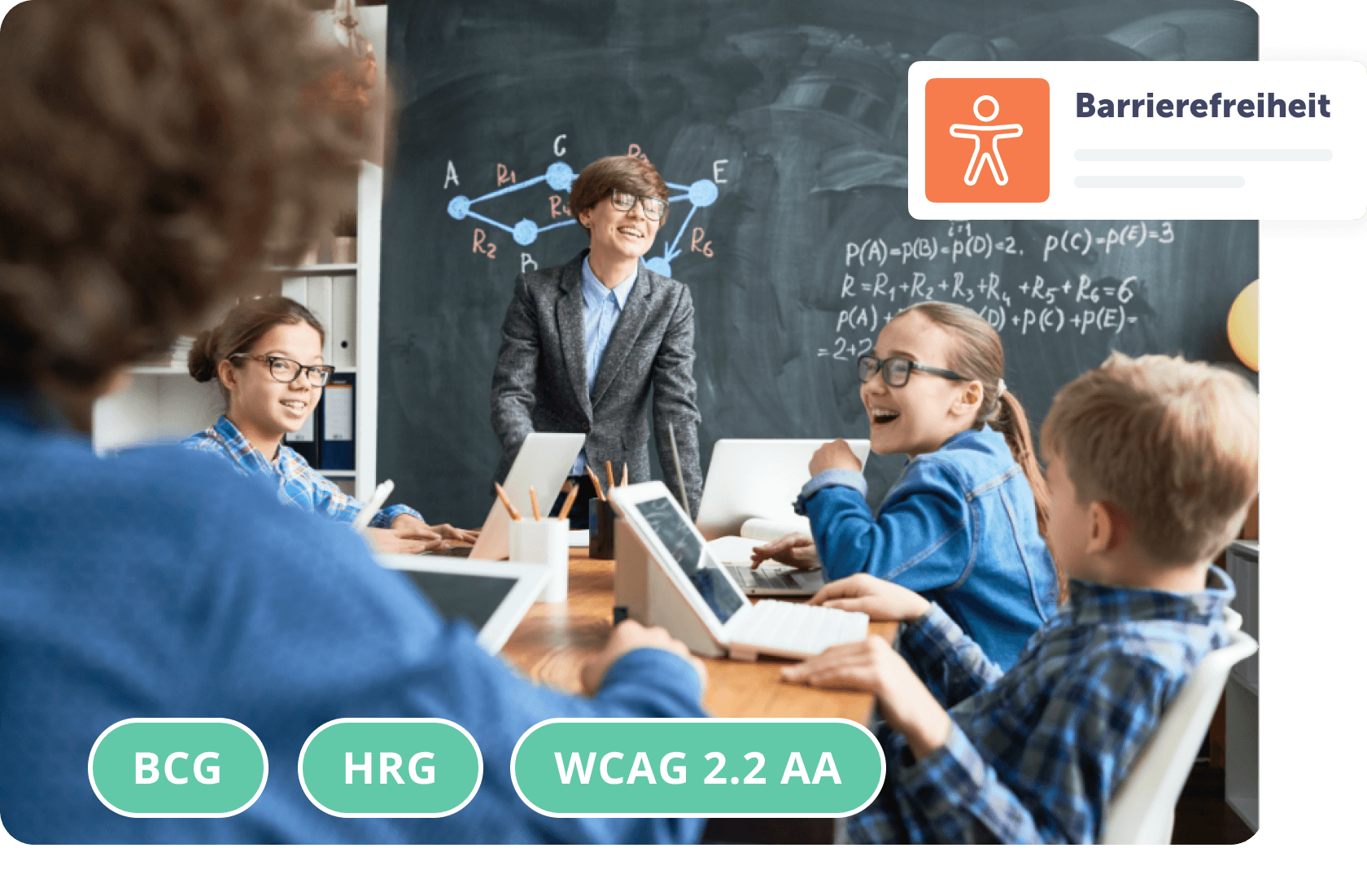 Lehrer erklärt am Whiteboard, während Schüler mit Tablets in Gruppen arbeiten.