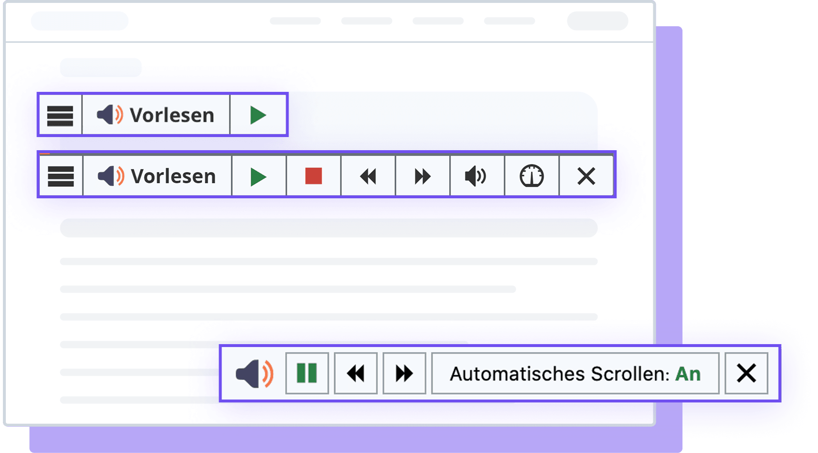 Interaktive Steuerelemente für Vorlesen und automatisches Scrollen auf einer Benutzeroberfläche.