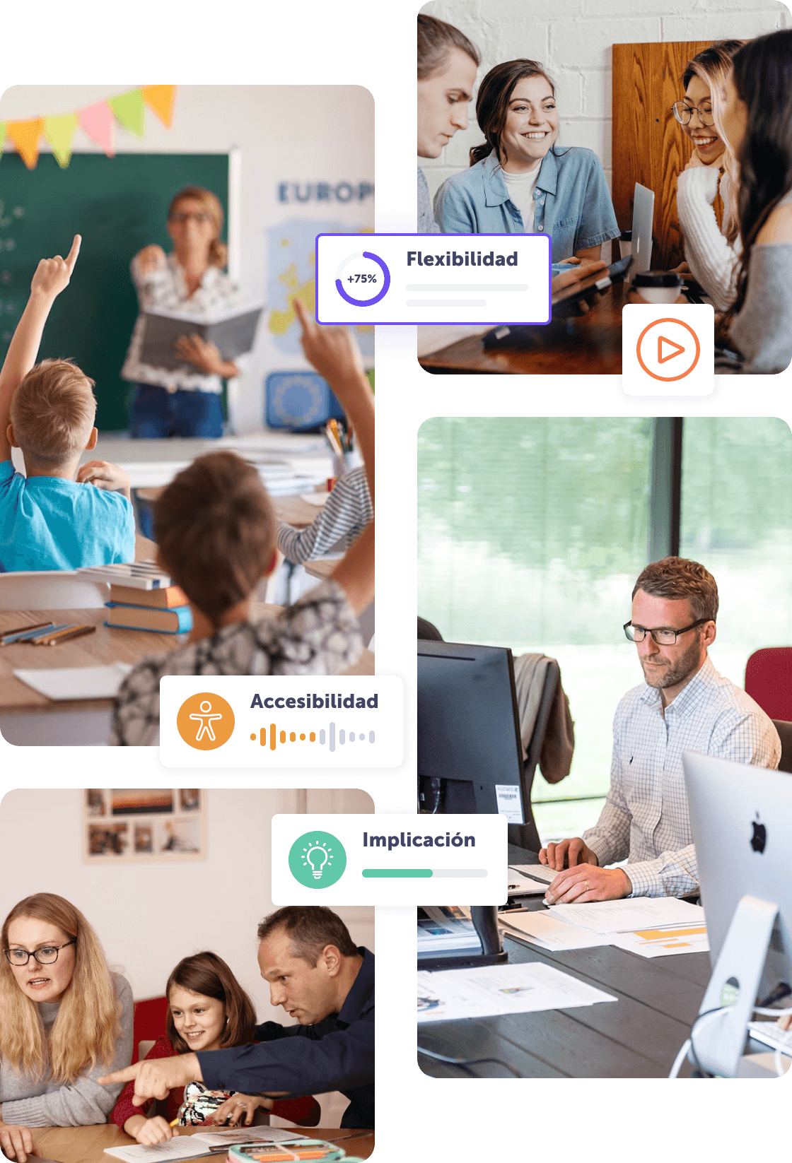 Imagen de un aula y trabajo colaborativo, destacando flexibilidad, accesibilidad e implicación.