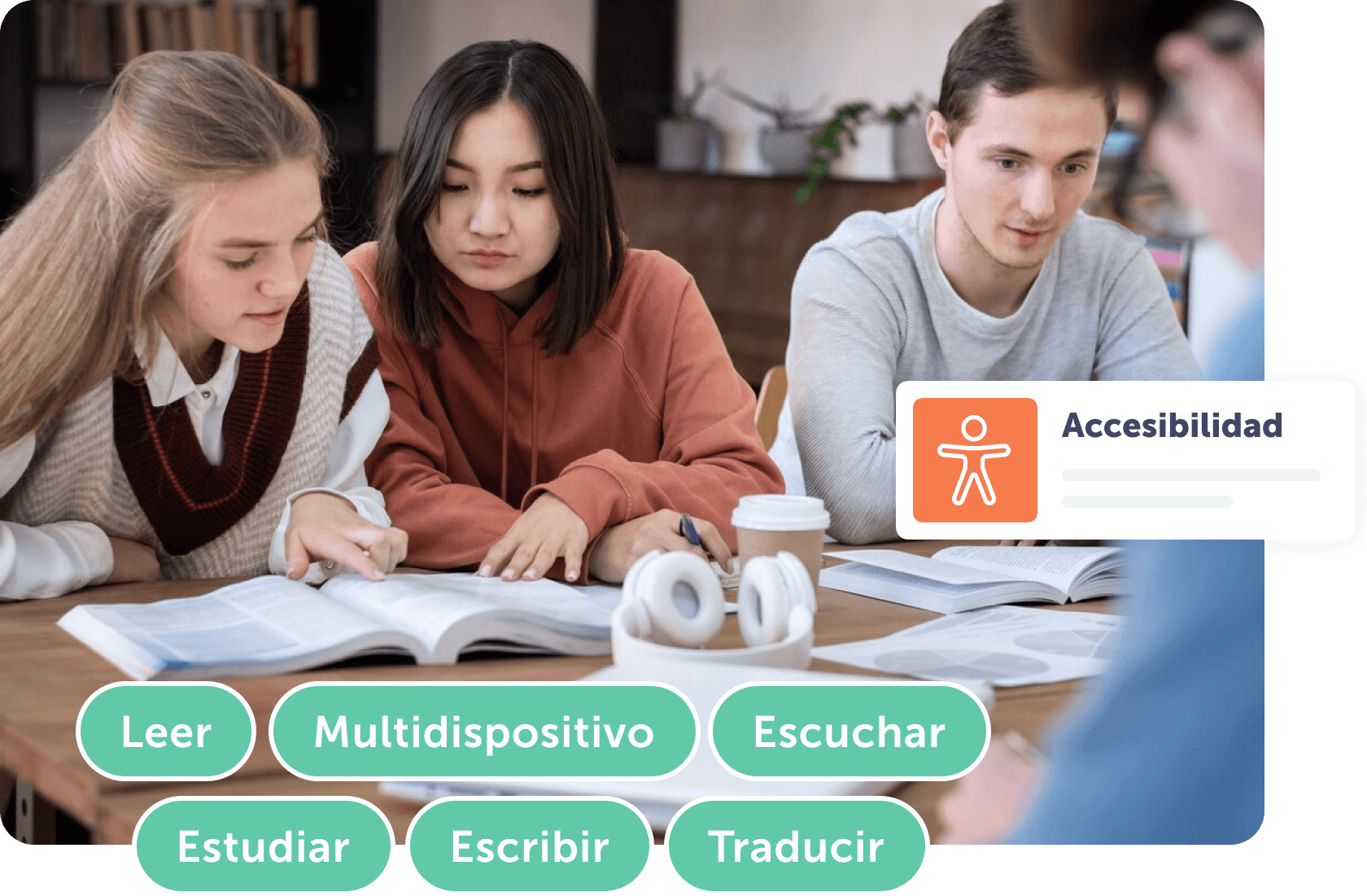 Estudiantes colaborando en un ambiente de estudio, rodeados de libros y tecnología.