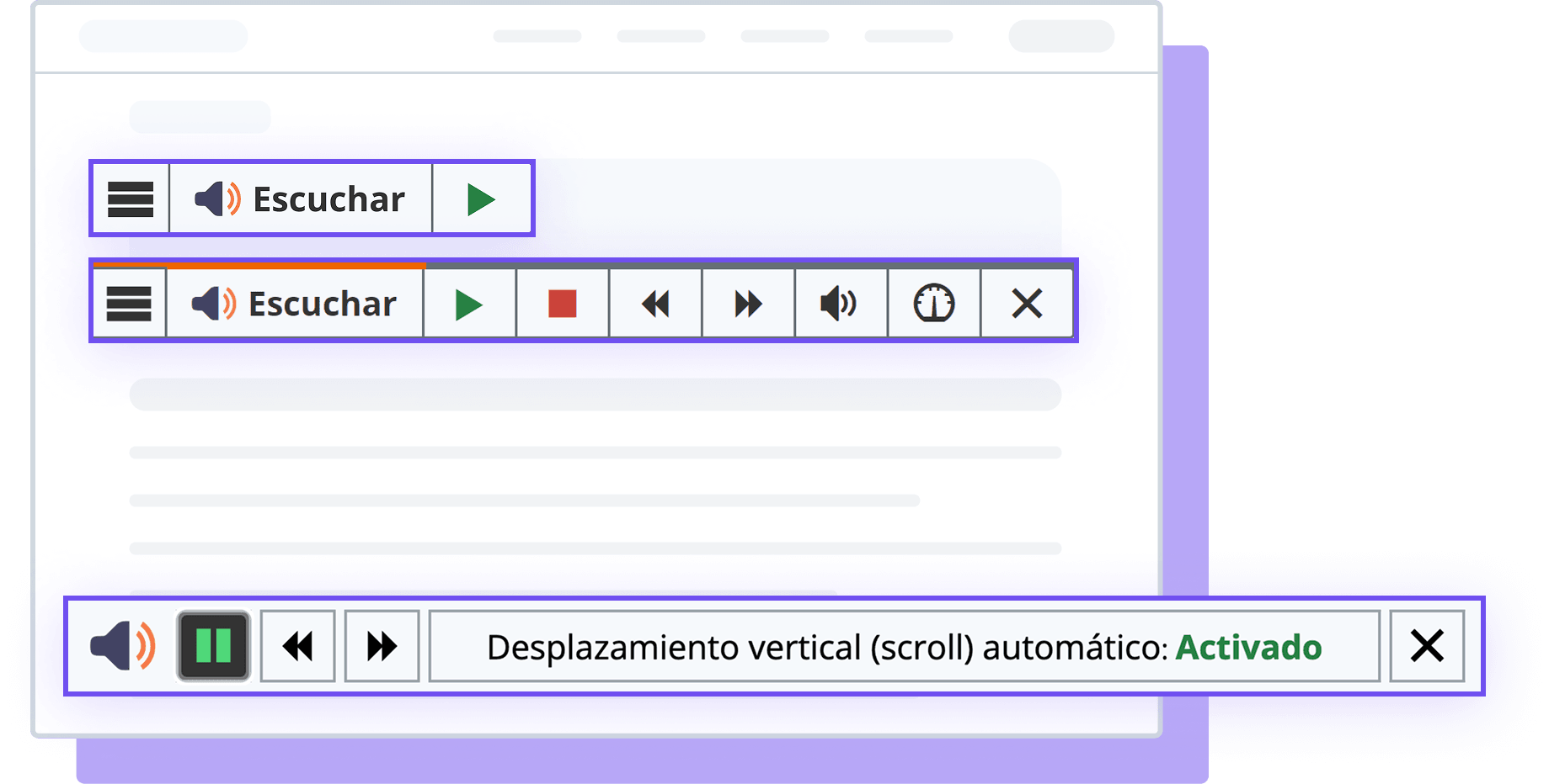 Interfaz de usuario de webReader con opciones de accesibilidad y ajustes de lectura.
