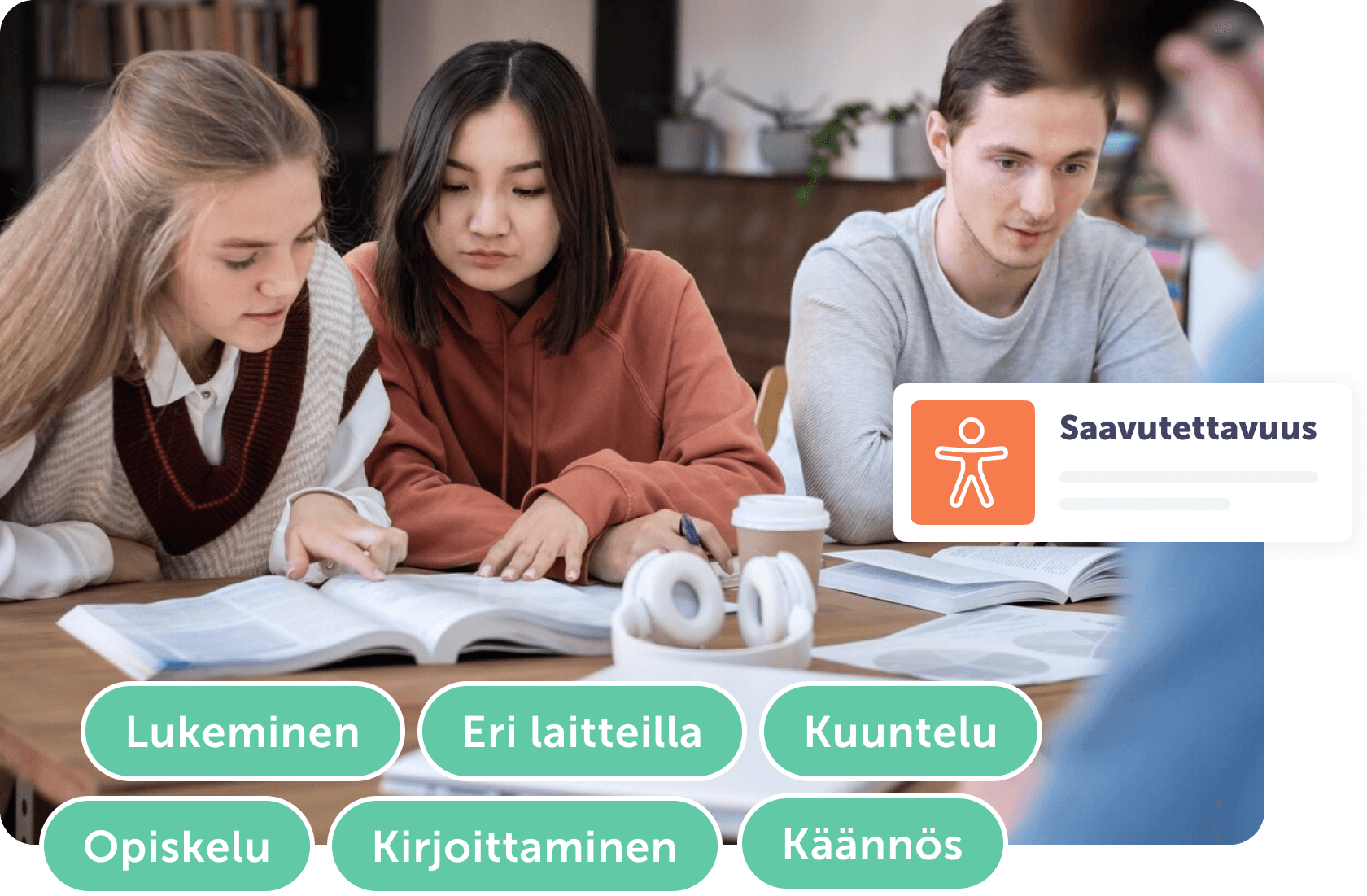 Kolme opiskelijaa lukee ja kirjoittaa yhdessä, ympärillä oppimiseen liittyviä elementtejä.