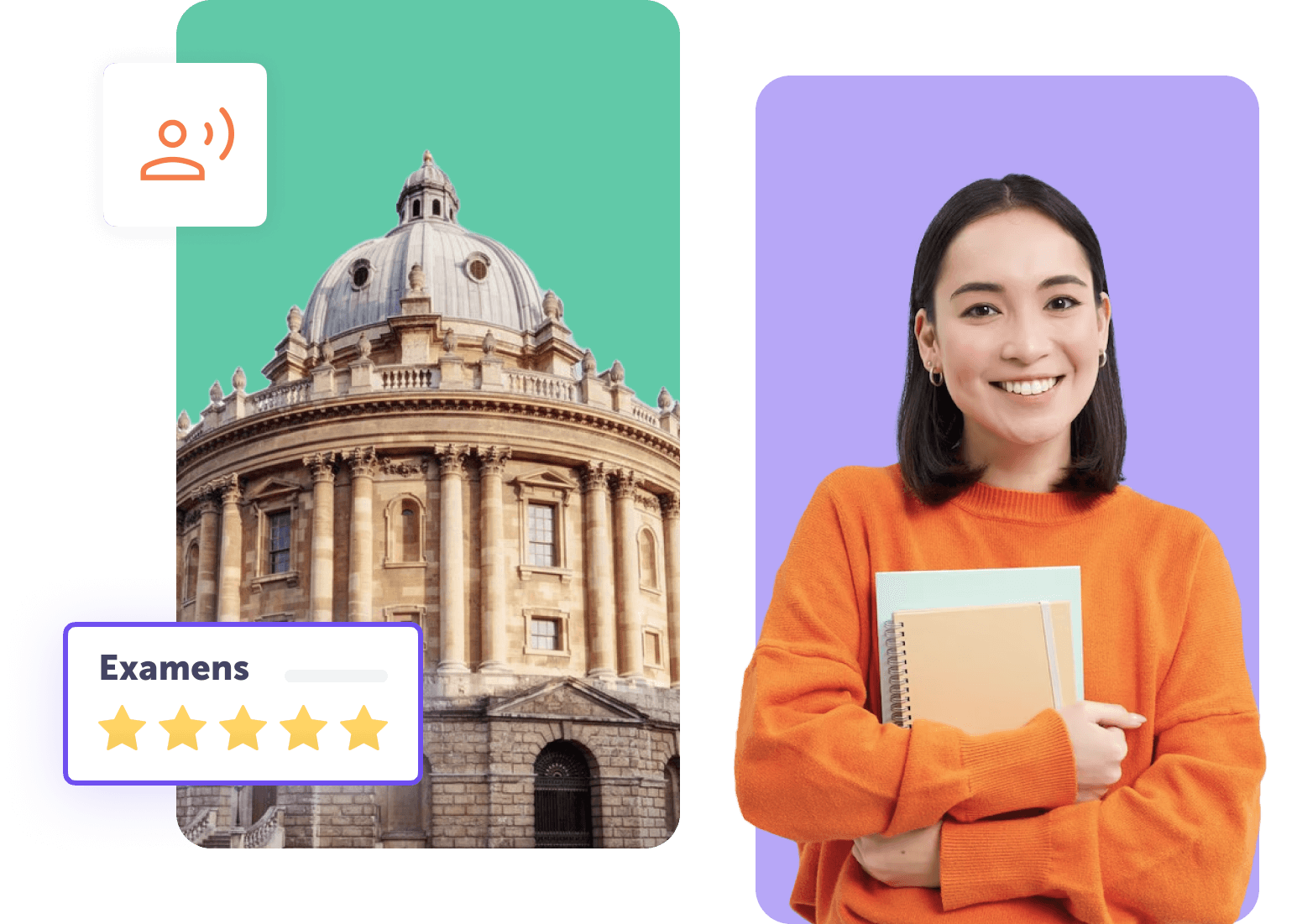 Femme souriante en pull orange tenant des carnets devant un bâtiment historique.