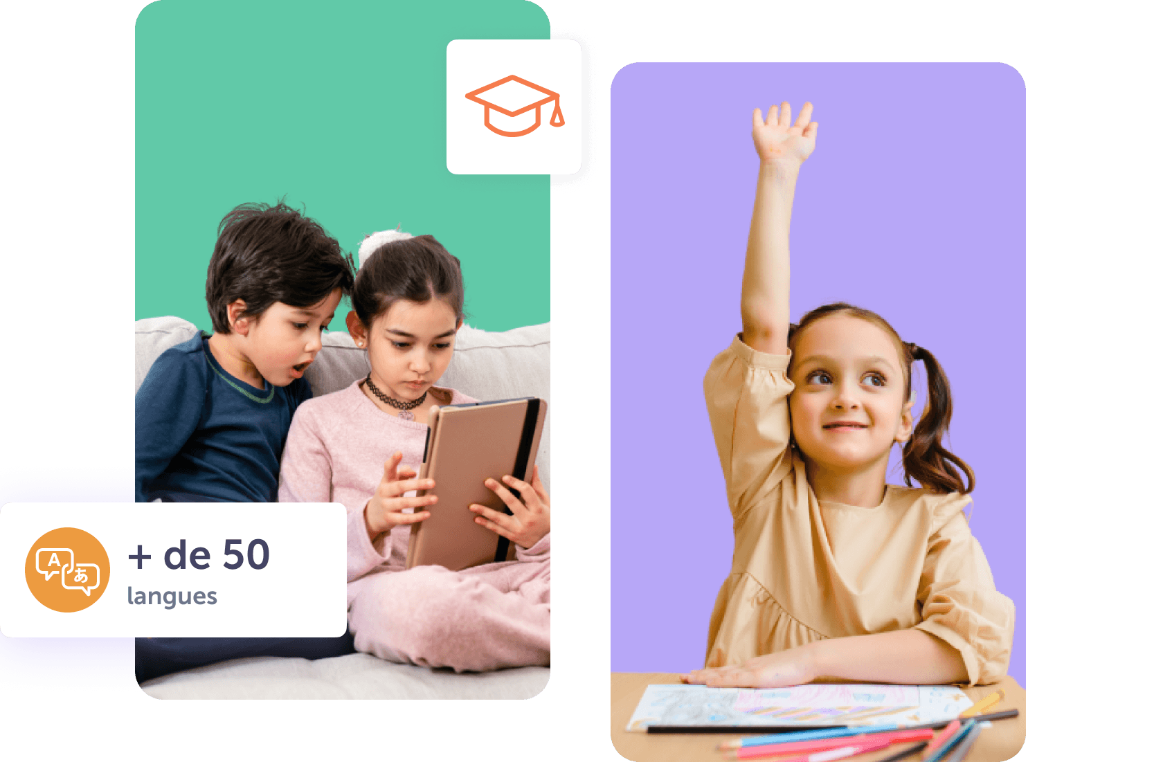 Enfants apprenant avec une tablette, fille levant la main, couleurs vives.