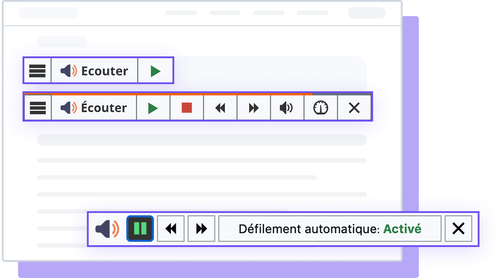 Interface utilisateur avec boutons de lecture et options de défilement automatique activé.
