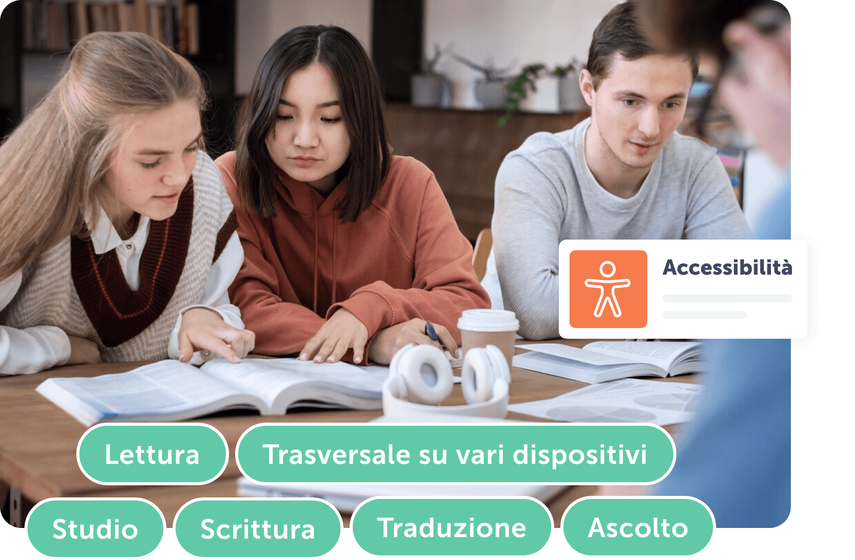 Tre studenti concentrati su libri e appunti, con icone di accessibilità e apprendimento.