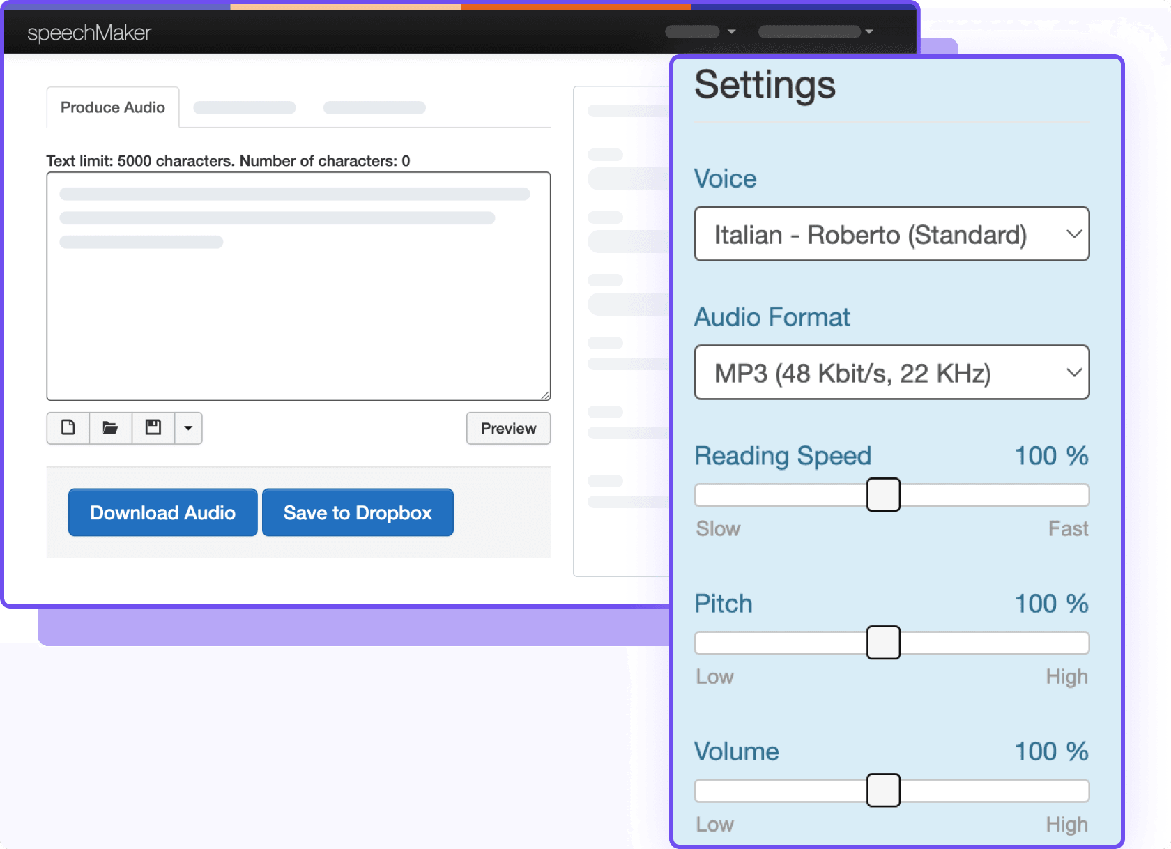 Interfaccia di un'app per generare audio con opzioni di voce e formato MP3.