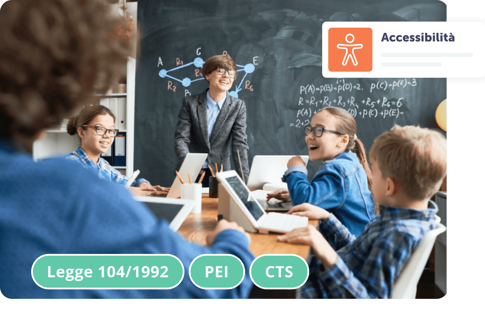 Classe inclusiva con studenti e insegnante, laptop e lavagna matematica sullo sfondo.