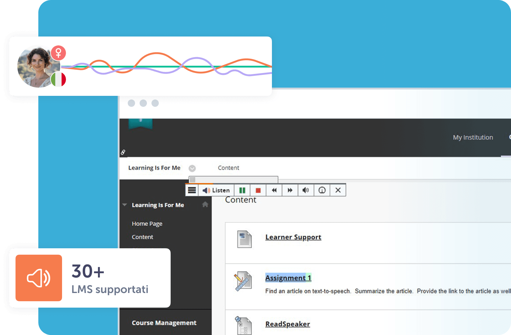 Schermata di interfaccia LMS con supporto audio e opzioni di accesso per gli utenti.