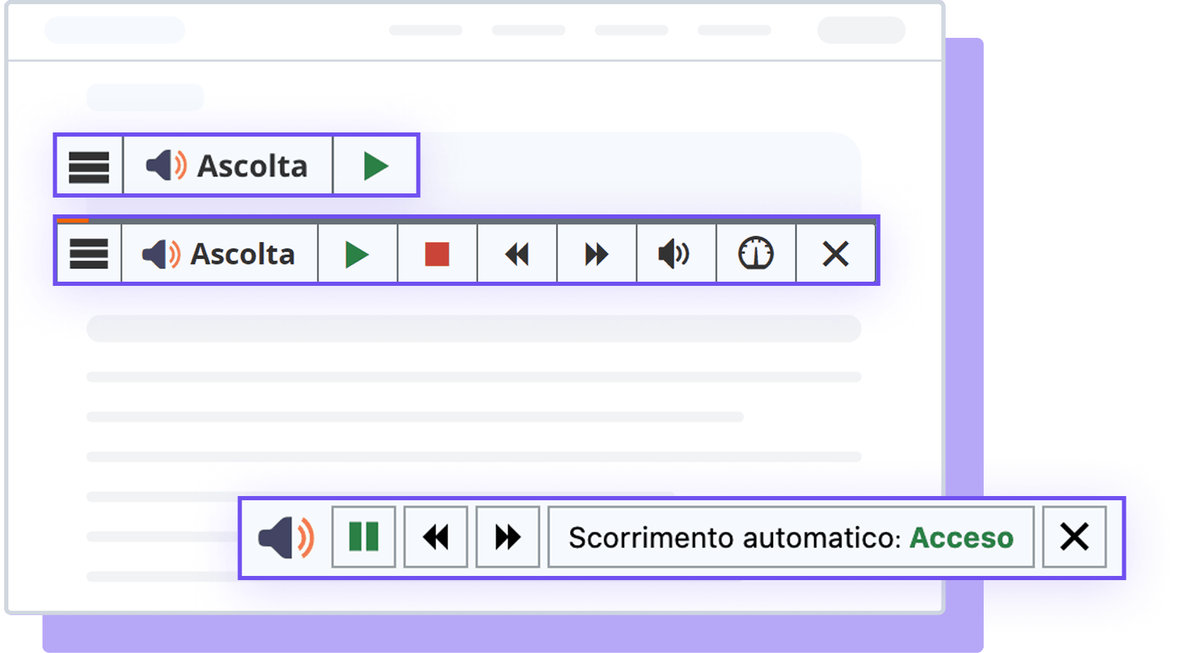 Interfaccia utente con controlli audio e opzioni di scorrimento automatico attivo.