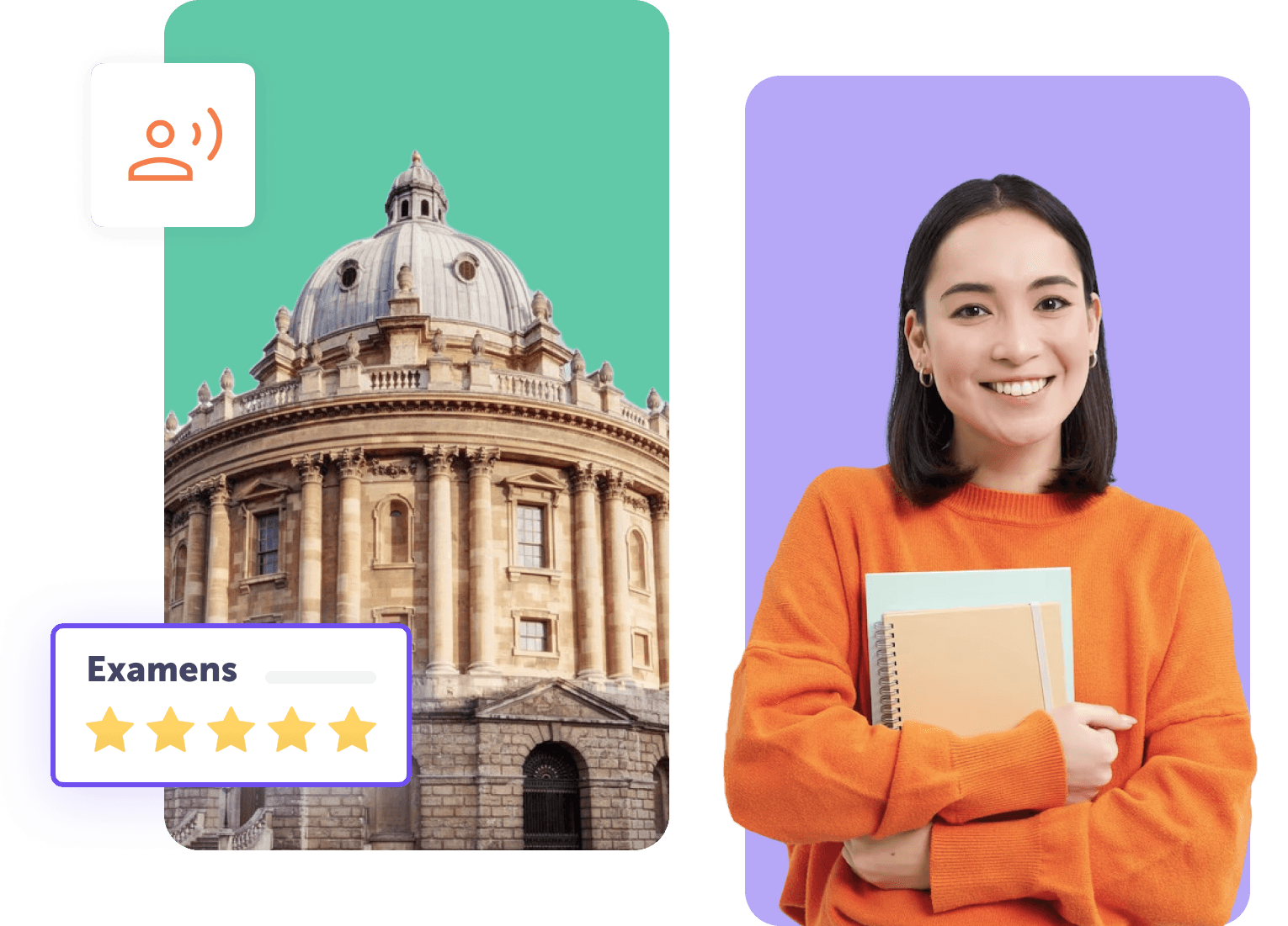 Vrouw in oranje trui houdt boeken vast met historische universitaire gebouwen op de achtergrond.