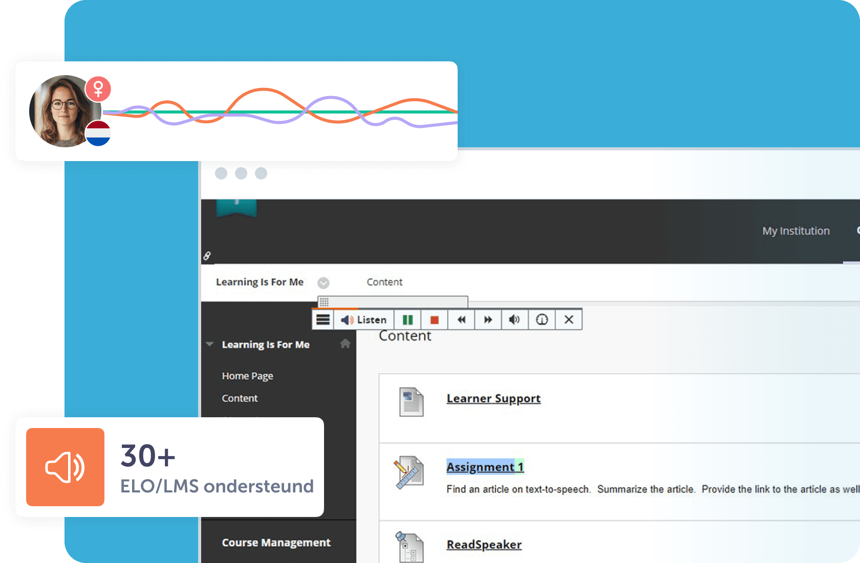 Afbeelding van een leerplatform met spraakfunctie en gebruikersinterface voor ondersteuning.