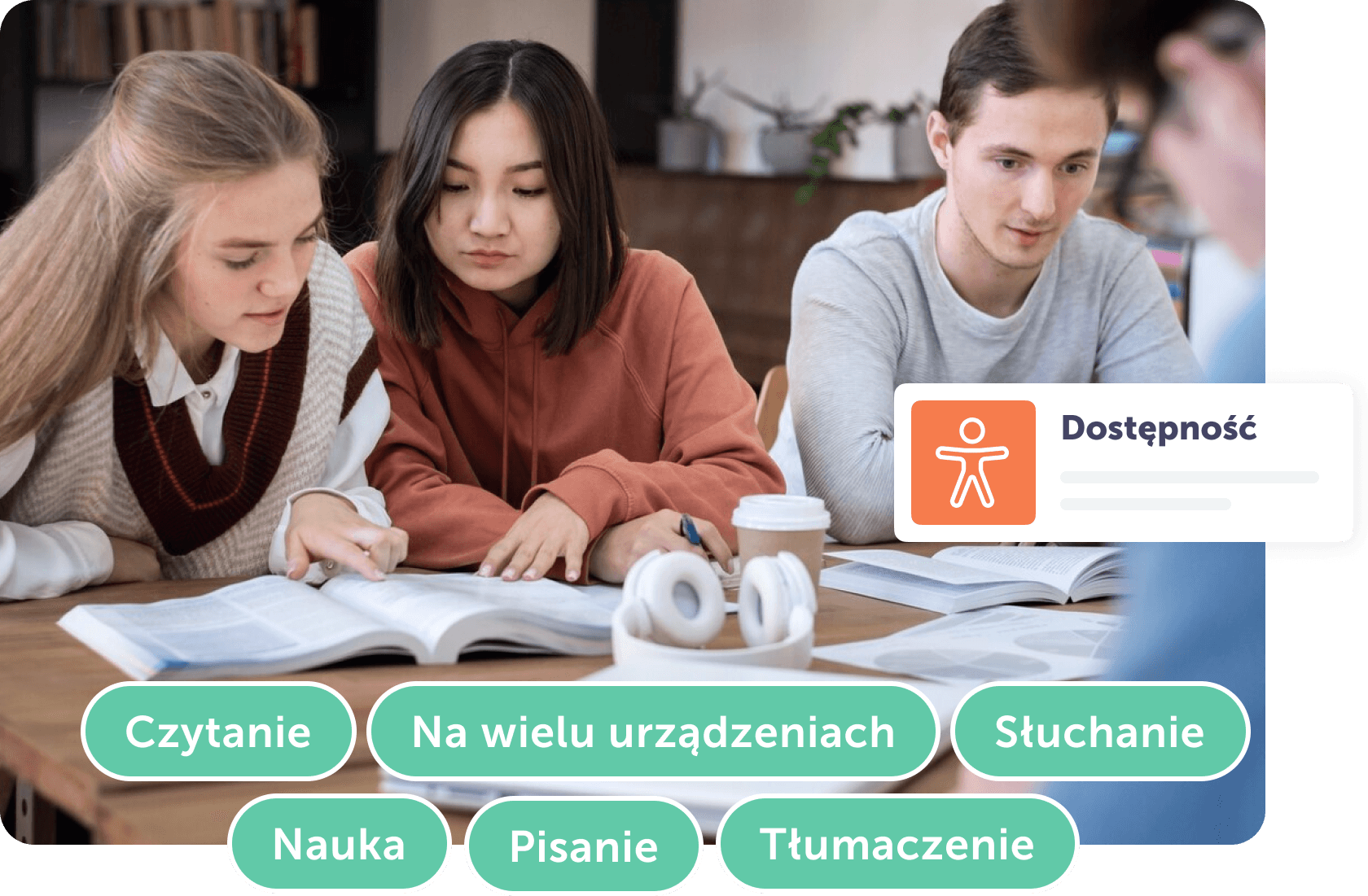 Młodzież ucząca się razem, z książkami i notatkami na stole, symbole dostępności edukacyjnej.