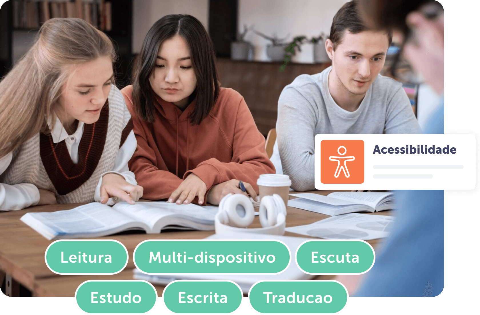 Grupo de estudantes estudando, com foco em leitura e acessibilidade, em ambiente colaborativo.