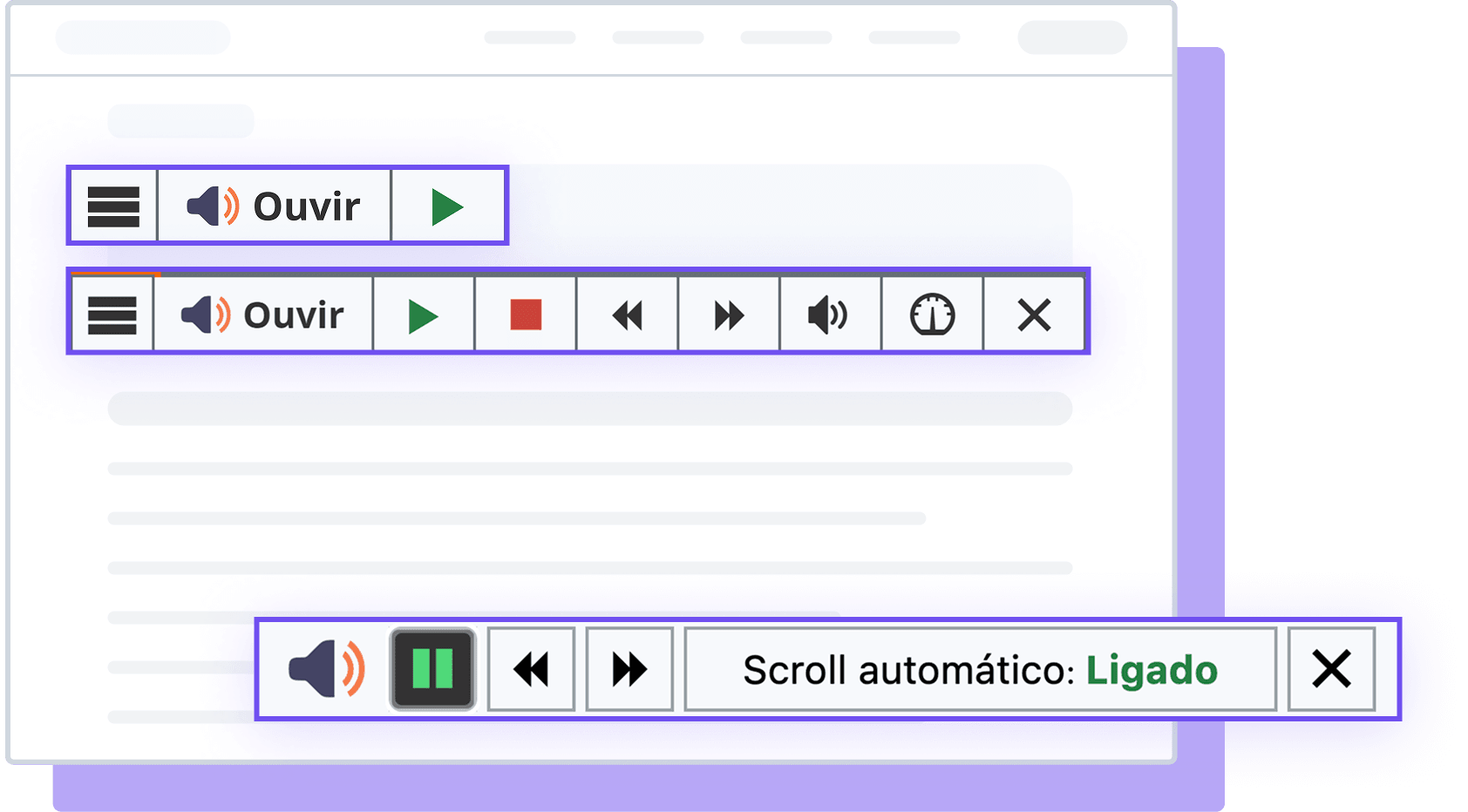 Interface de controle de áudio com botões de reprodução e configuração de rolagem automática.
