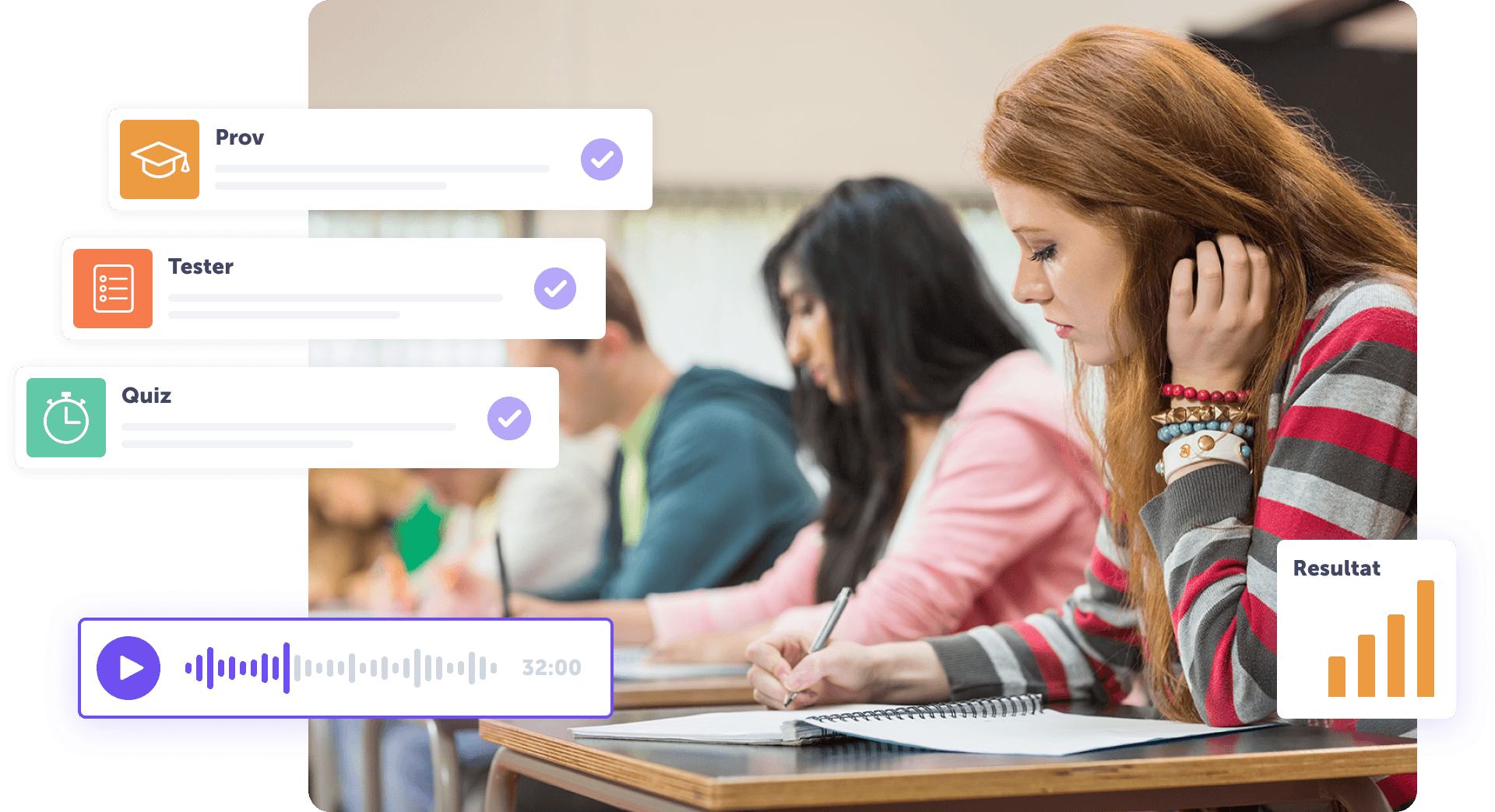Studenter skriver prov i klassrum med digitala verktyg för tester och resultatvisning.