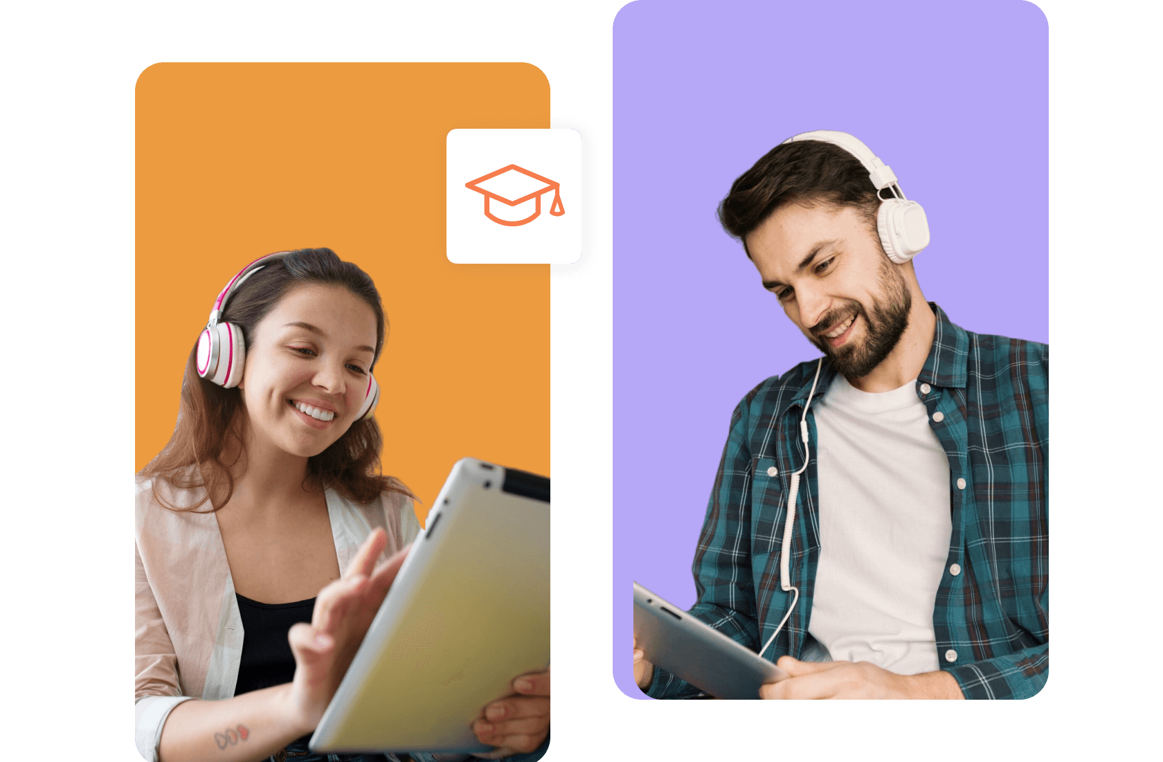 Child and adult using devices with headphones.
