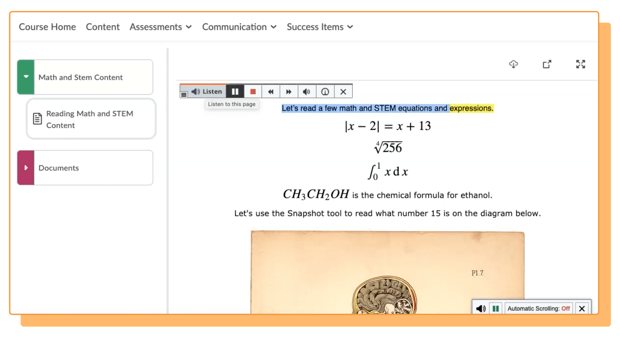 Math and STEM content interface displaying equations, chemical formula, and reading tools.