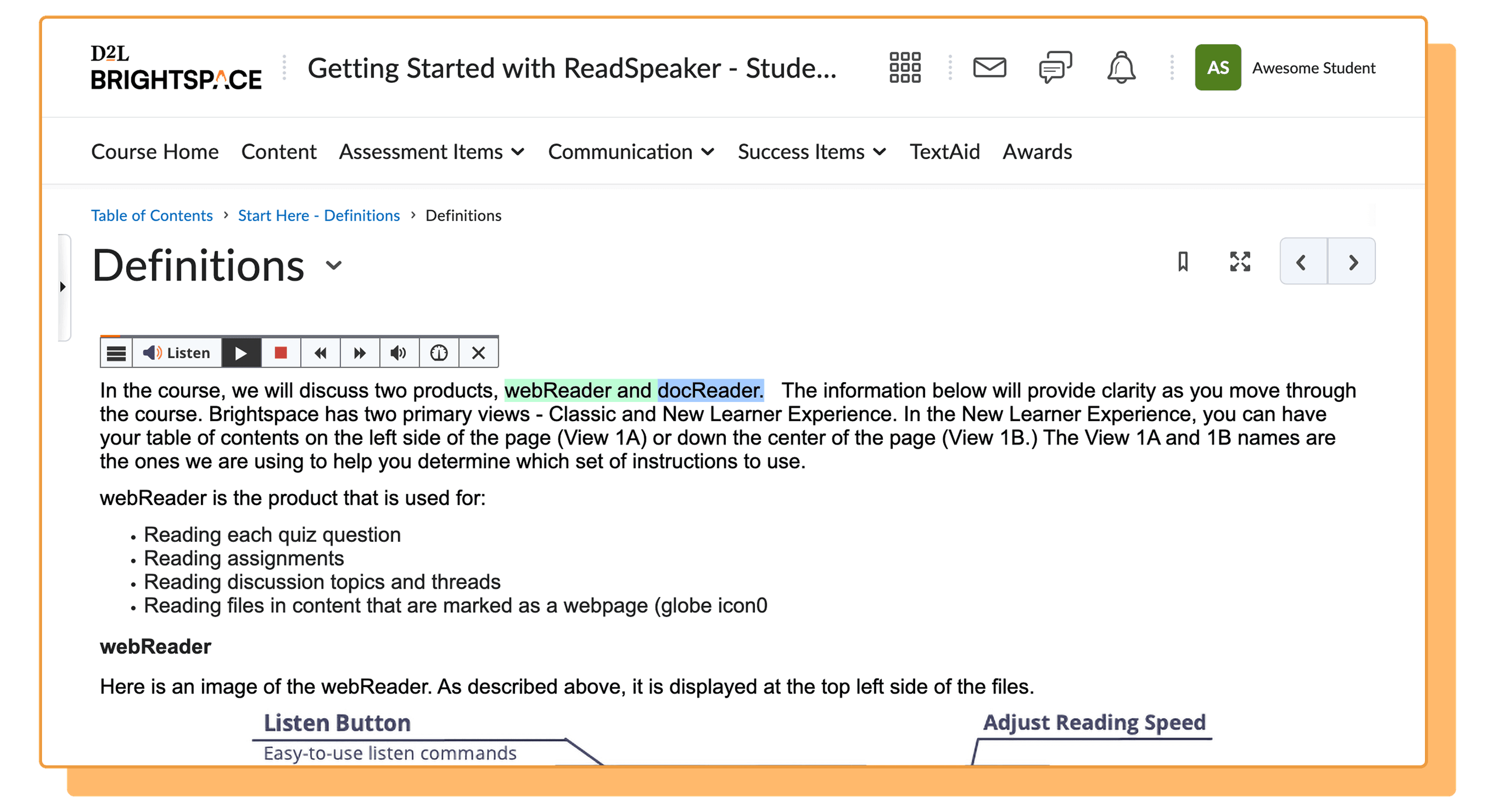 Course dashboard featuring ReadSpeaker accessibility tool.