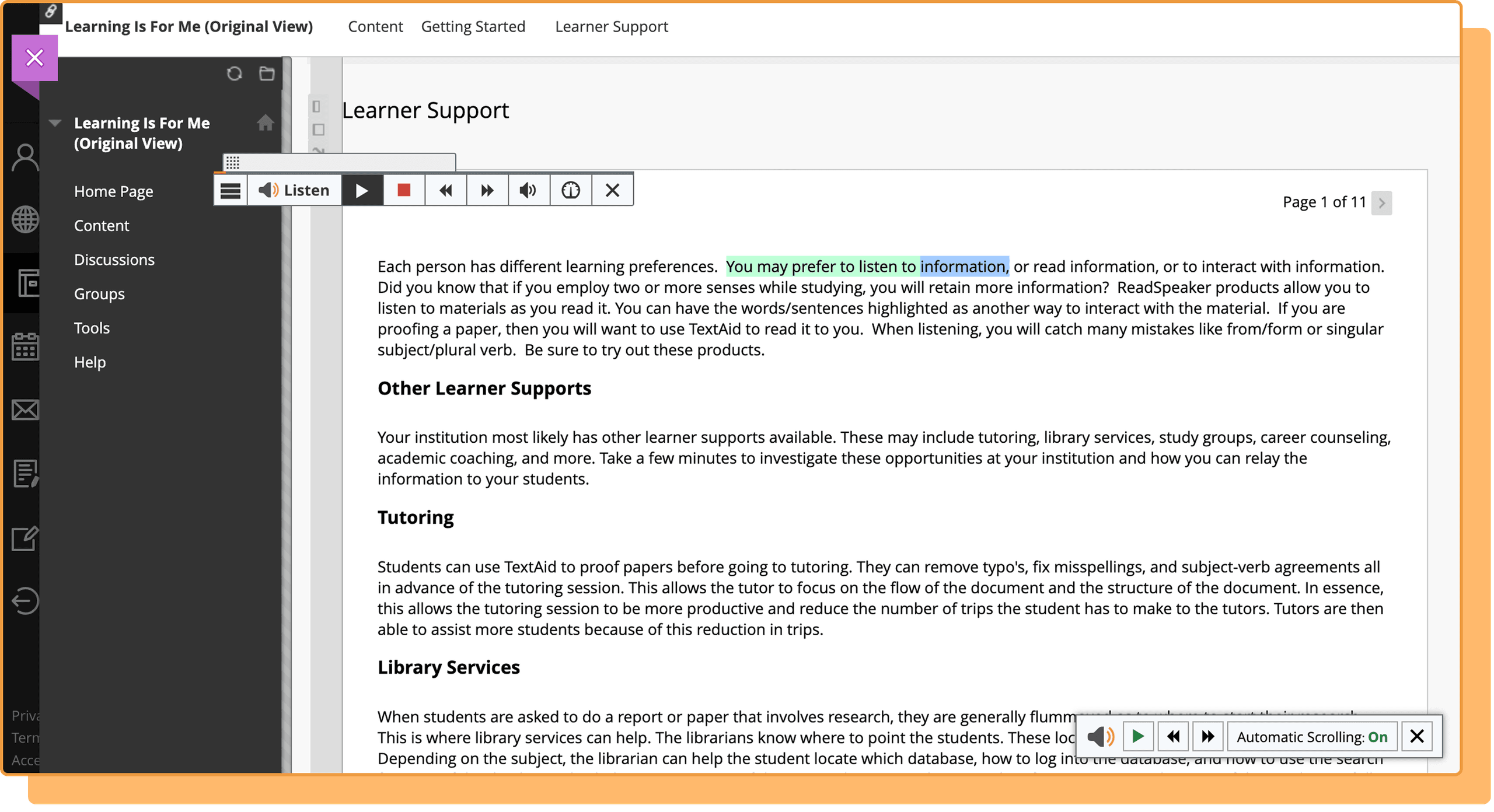 User interface of an educational platform highlighting learner support resources and tools.