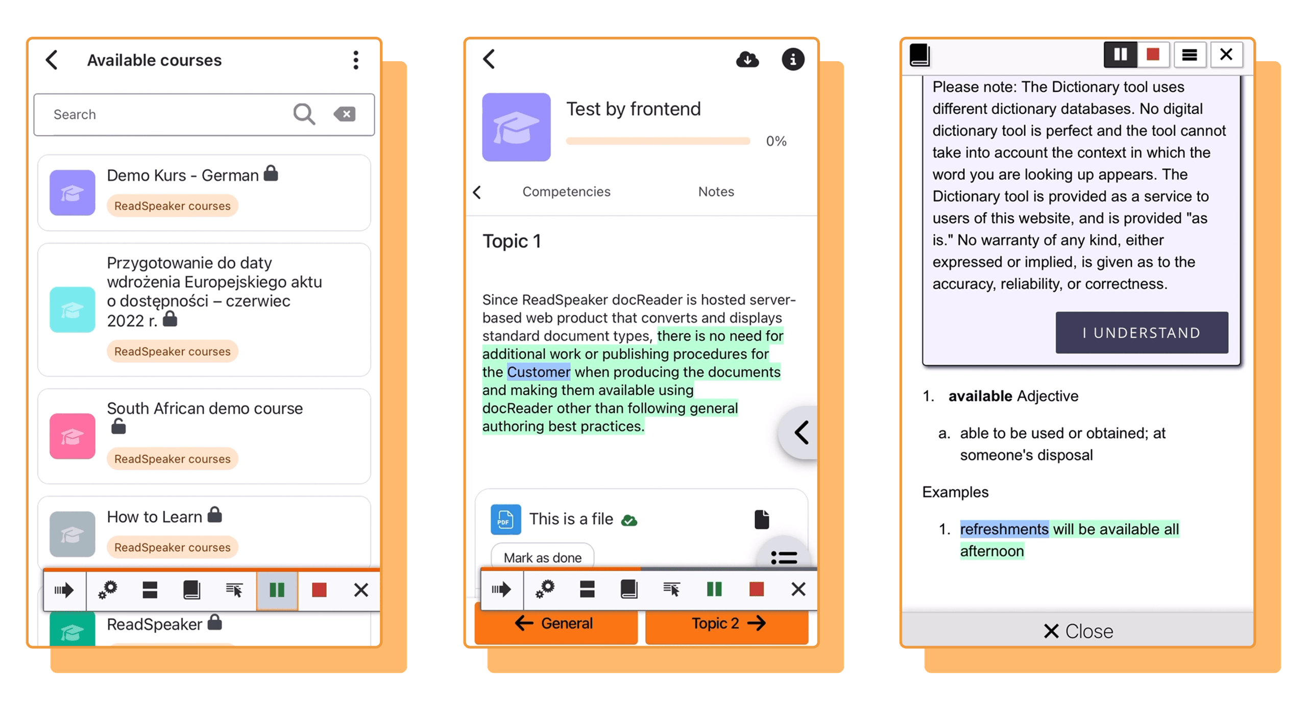 User interface showcasing available courses, document reader, and dictionary tool features.