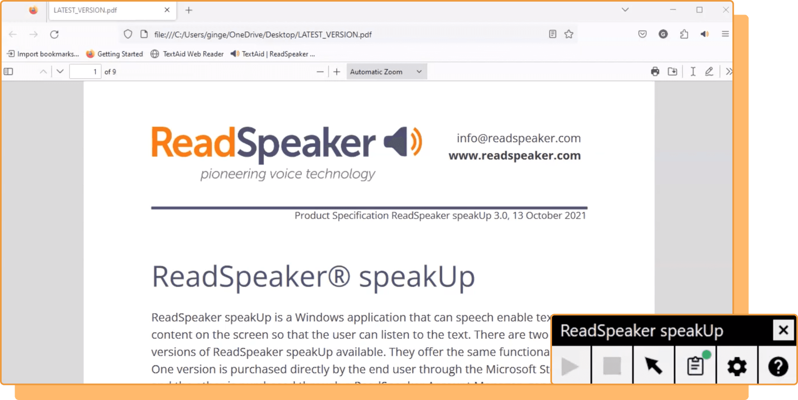 ReadSpeaker speakUp product specification document and application interface overview.