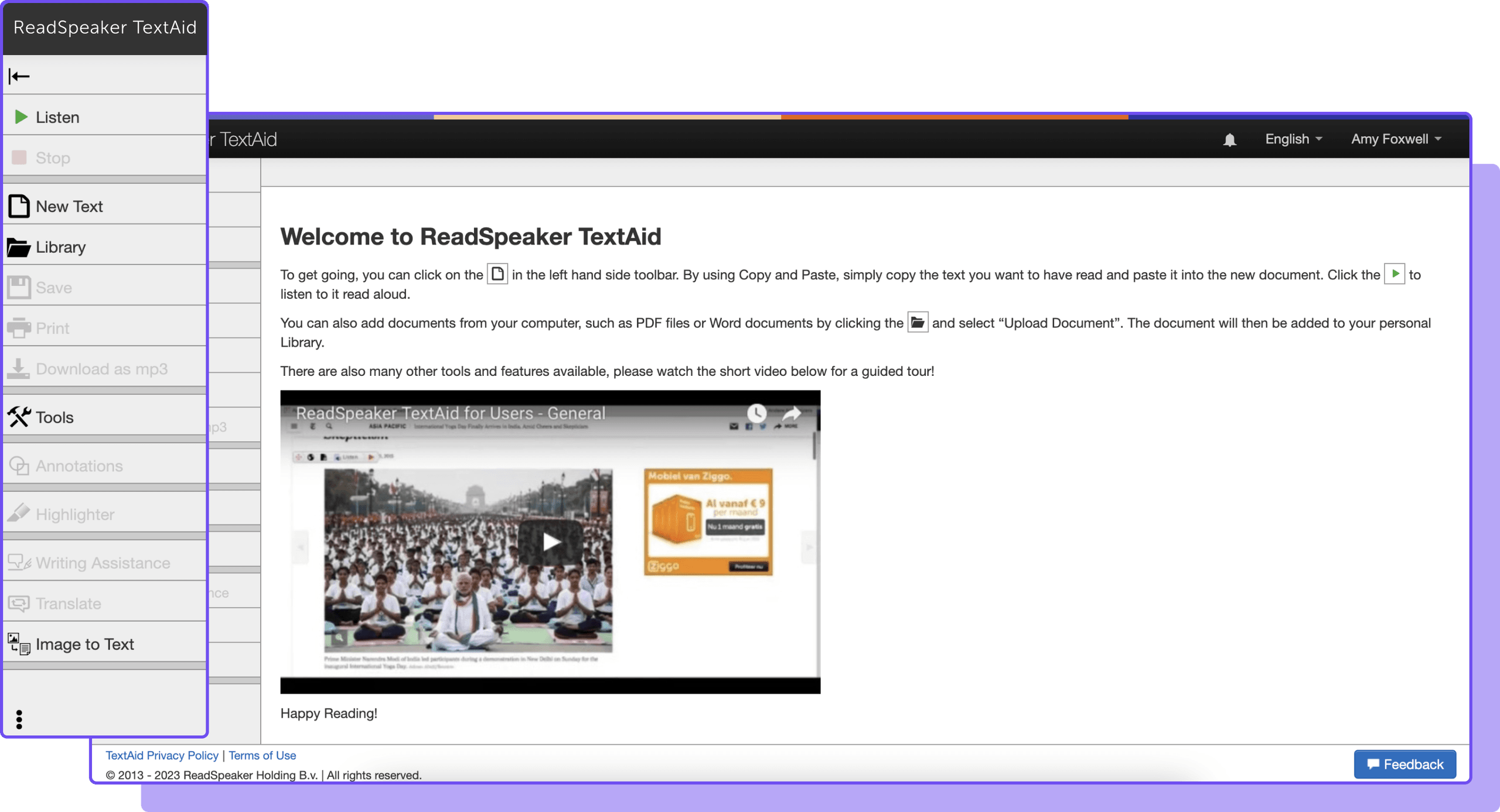 ReadSpeaker TextAid interface showcasing tools and features for document reading assistance.