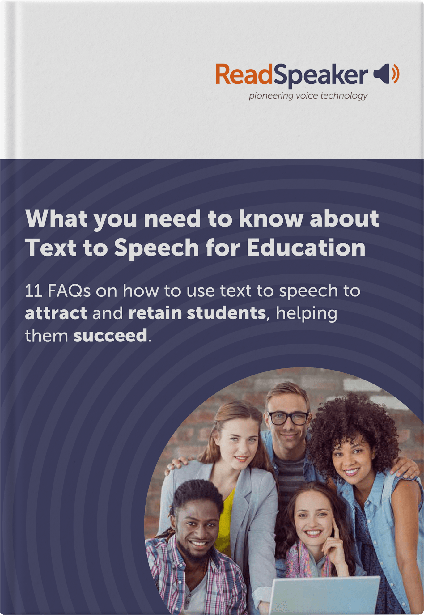 Diverse group of students engaged around a laptop discussing text-to-speech for education.