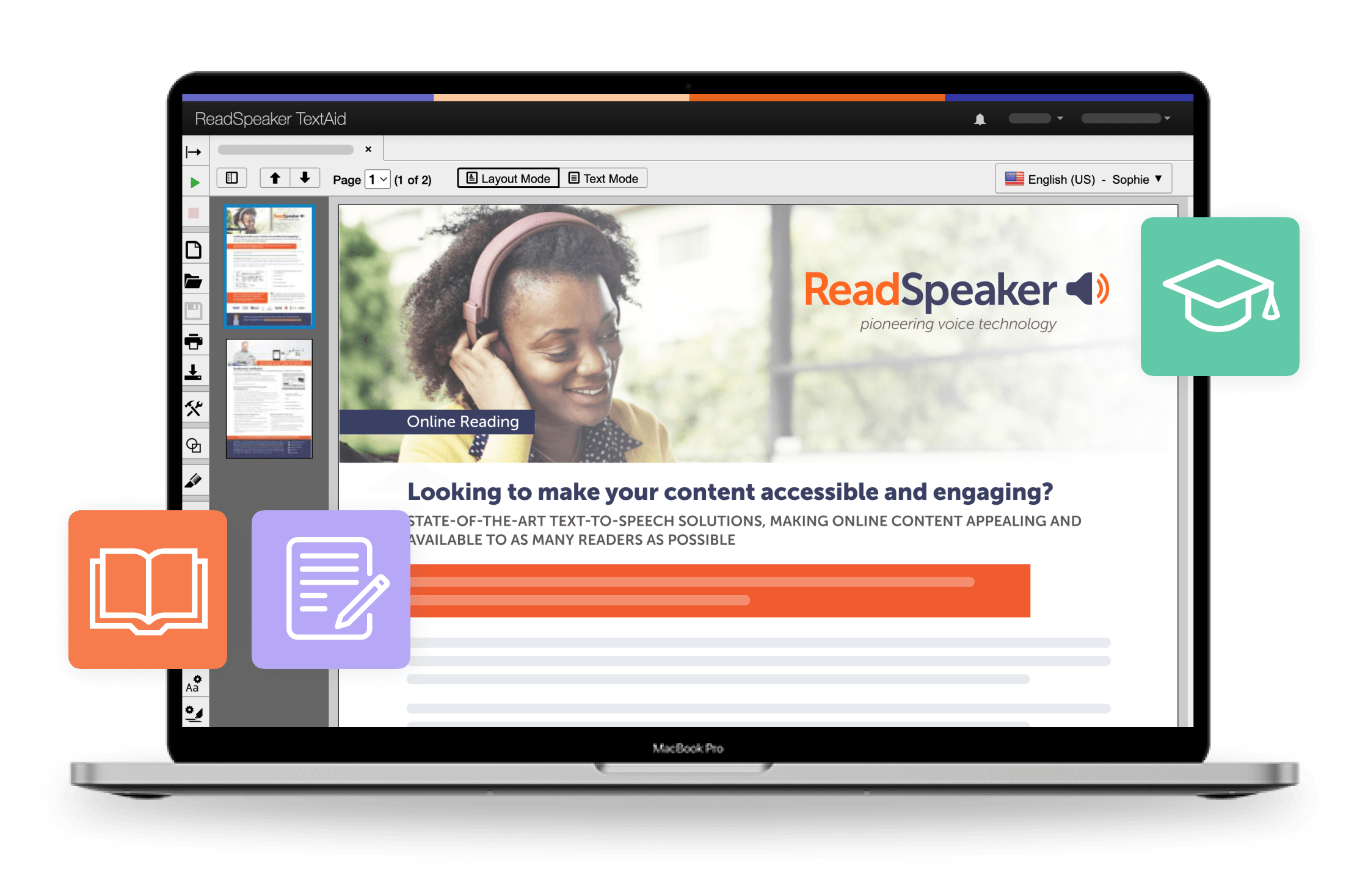 Laptop displaying ReadSpeaker TextAid interface with a user engaging with content.