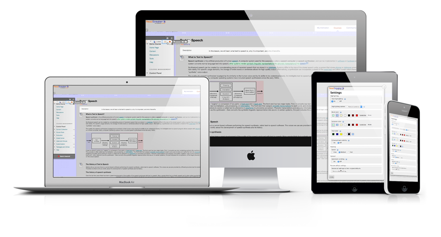 Multiple devices displaying a text-to-speech software interface with settings options.